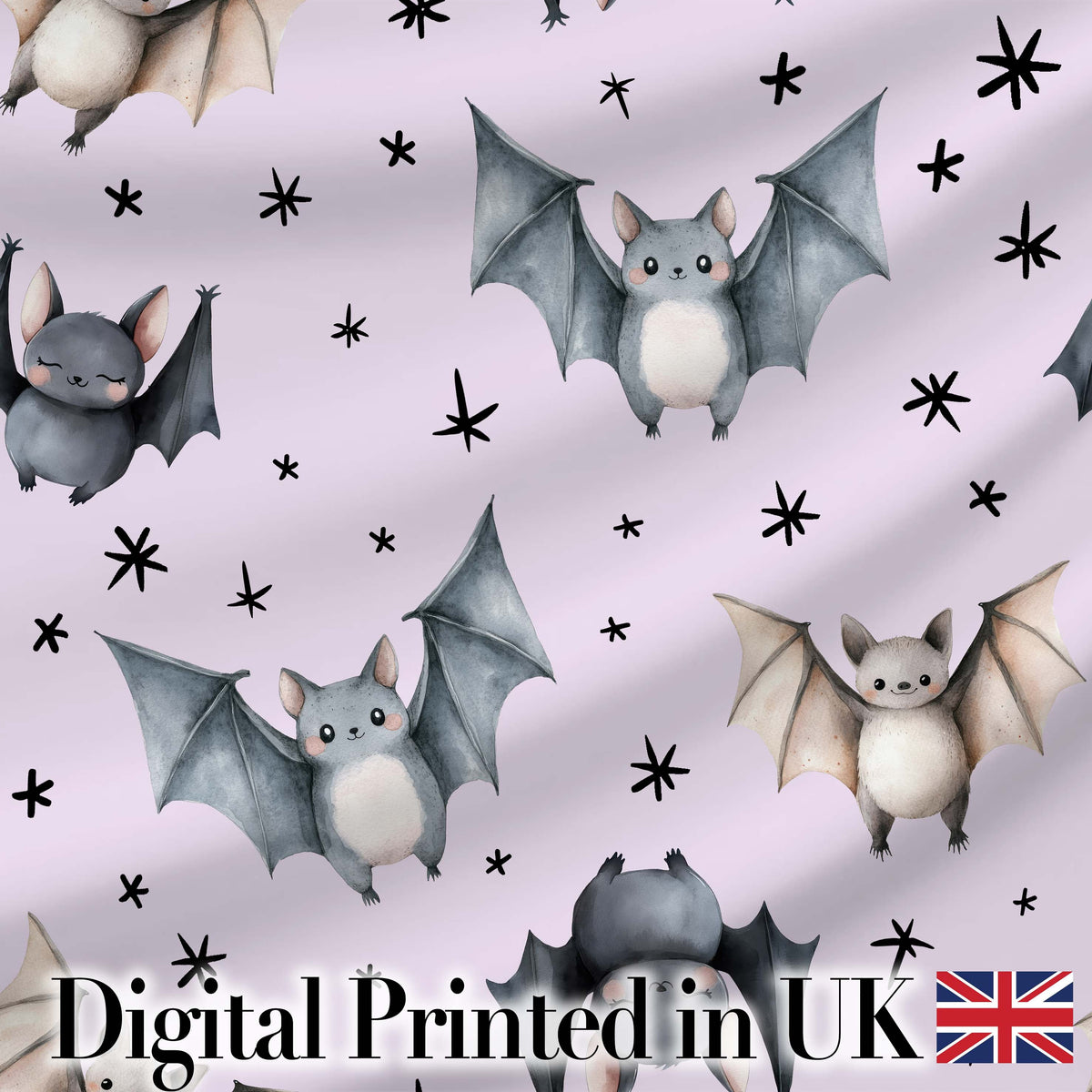 Cute Watercolor Bats and Stars Seamless Pattern Pastel Lilac Background Digital Print Fabric by the Metre UK Sewing Quilting Textile