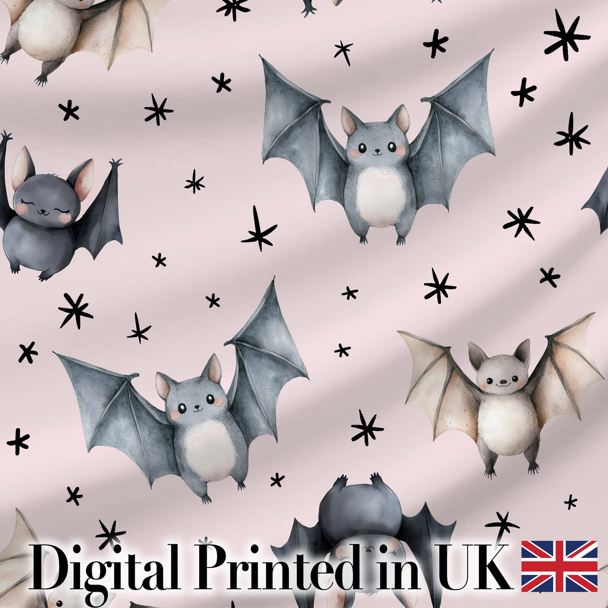 Cute Watercolor Bats and Stars Seamless Pattern Blush Pink Background Digital Print Fabric by the Metre UK Sewing Quilting Textile