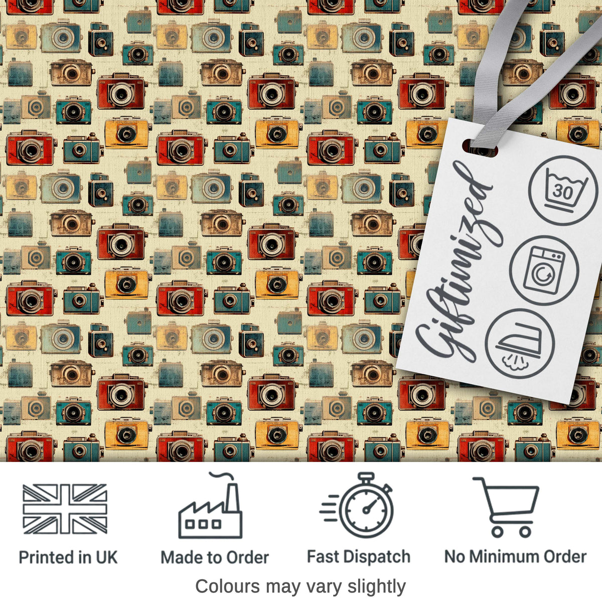 Vintage Colourful Retro Camera Grid Seamless Pattern on Cream Background Digital Print Fabric by the Metre UK Sewing Quilting Textile