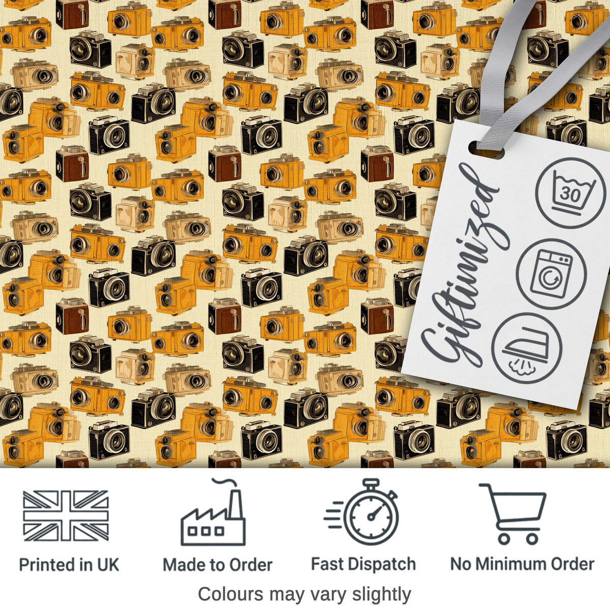 Mustard Yellow and Black Vintage Camera Illustration Seamless Pattern Digital Print Fabric by the Metre UK Sewing Quilting Textile