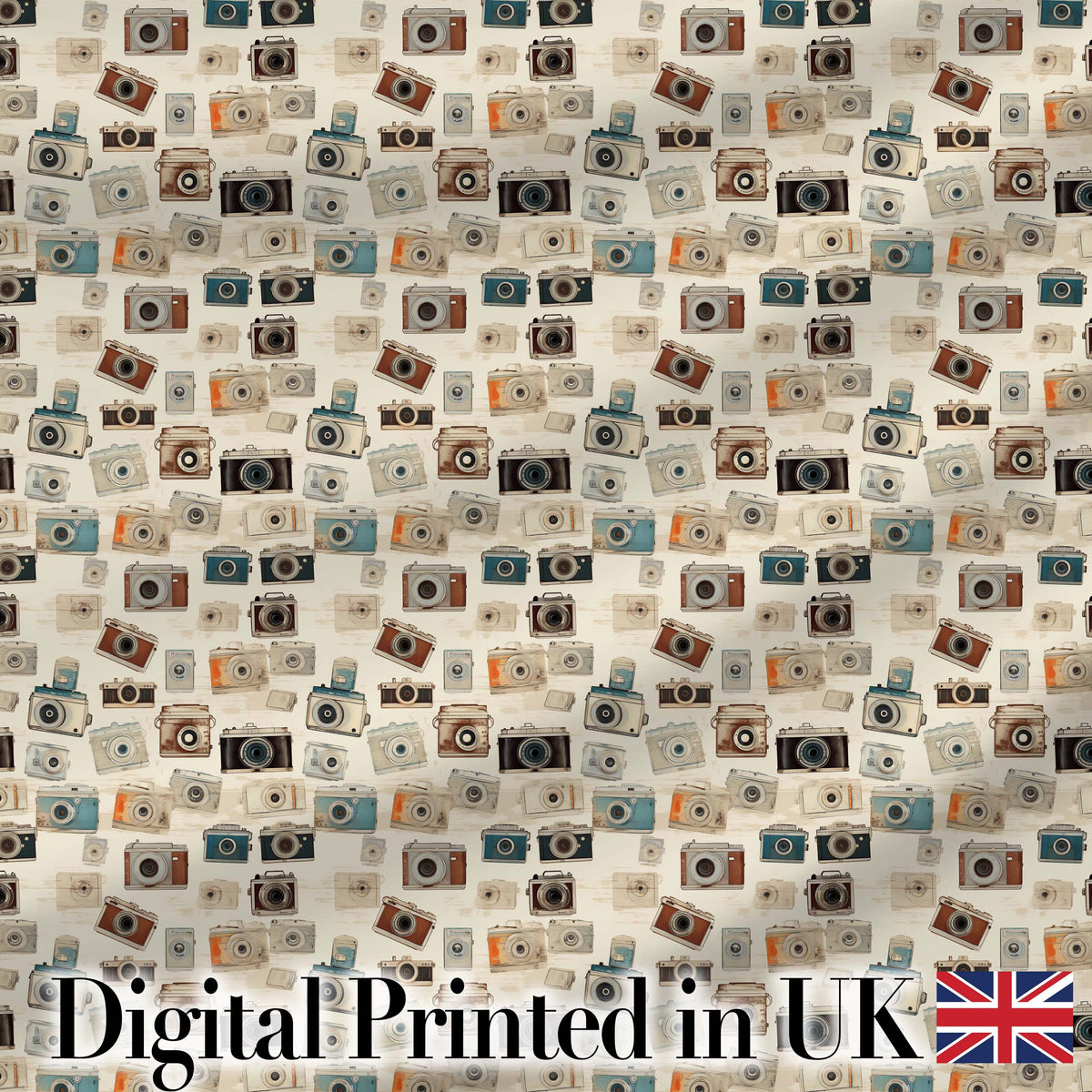 Soft Watercolour Vintage Camera Tossed Seamless Pattern Neutral Background Digital Print Fabric by the Metre UK Sewing Quilting Textile
