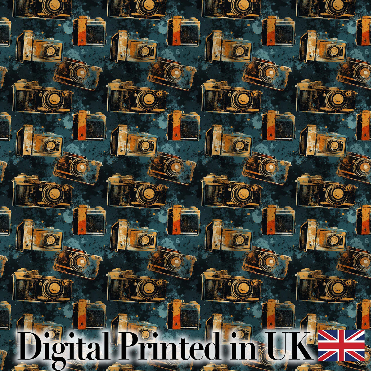 Grunge Vintage Camera Pattern with Dark Blue Textured Background Digital Print Fabric by the Metre UK Sewing Quilting Textile