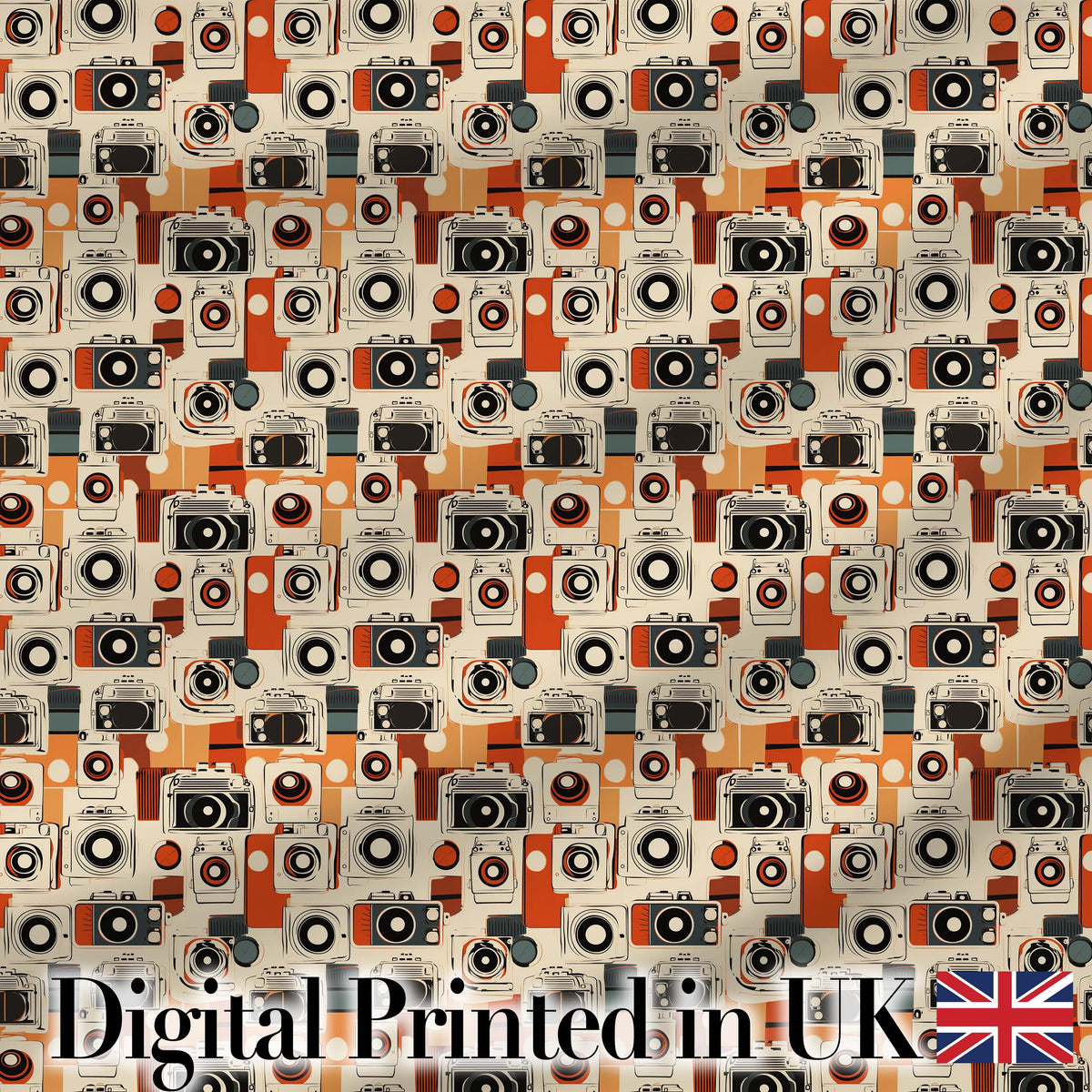 Mid Century Modern Abstract Camera Seamless Pattern Orange Cream Style Digital Print Fabric by the Metre UK Sewing Quilting Textile