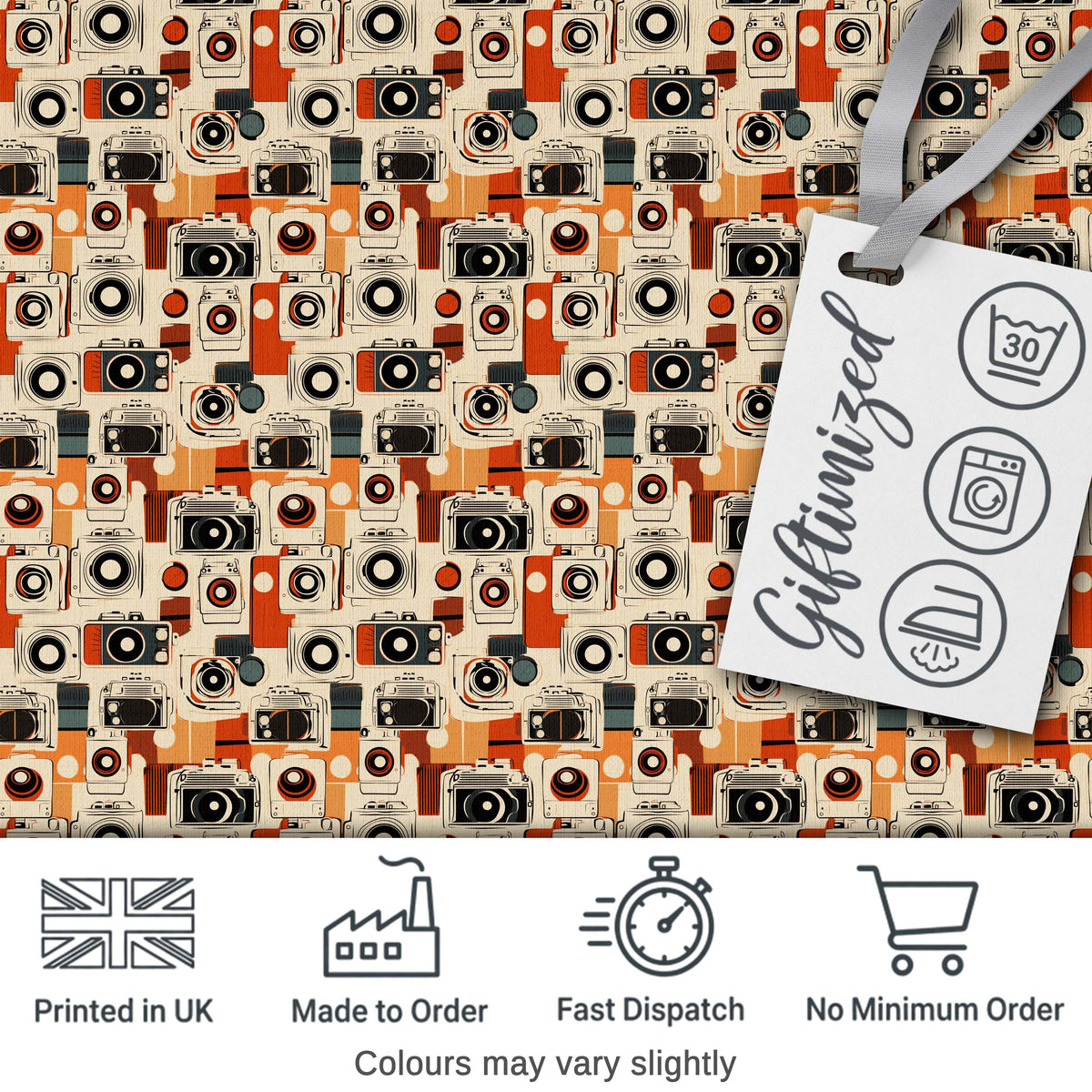 Mid Century Modern Abstract Camera Seamless Pattern Orange Cream Style Digital Print Fabric by the Metre UK Sewing Quilting Textile