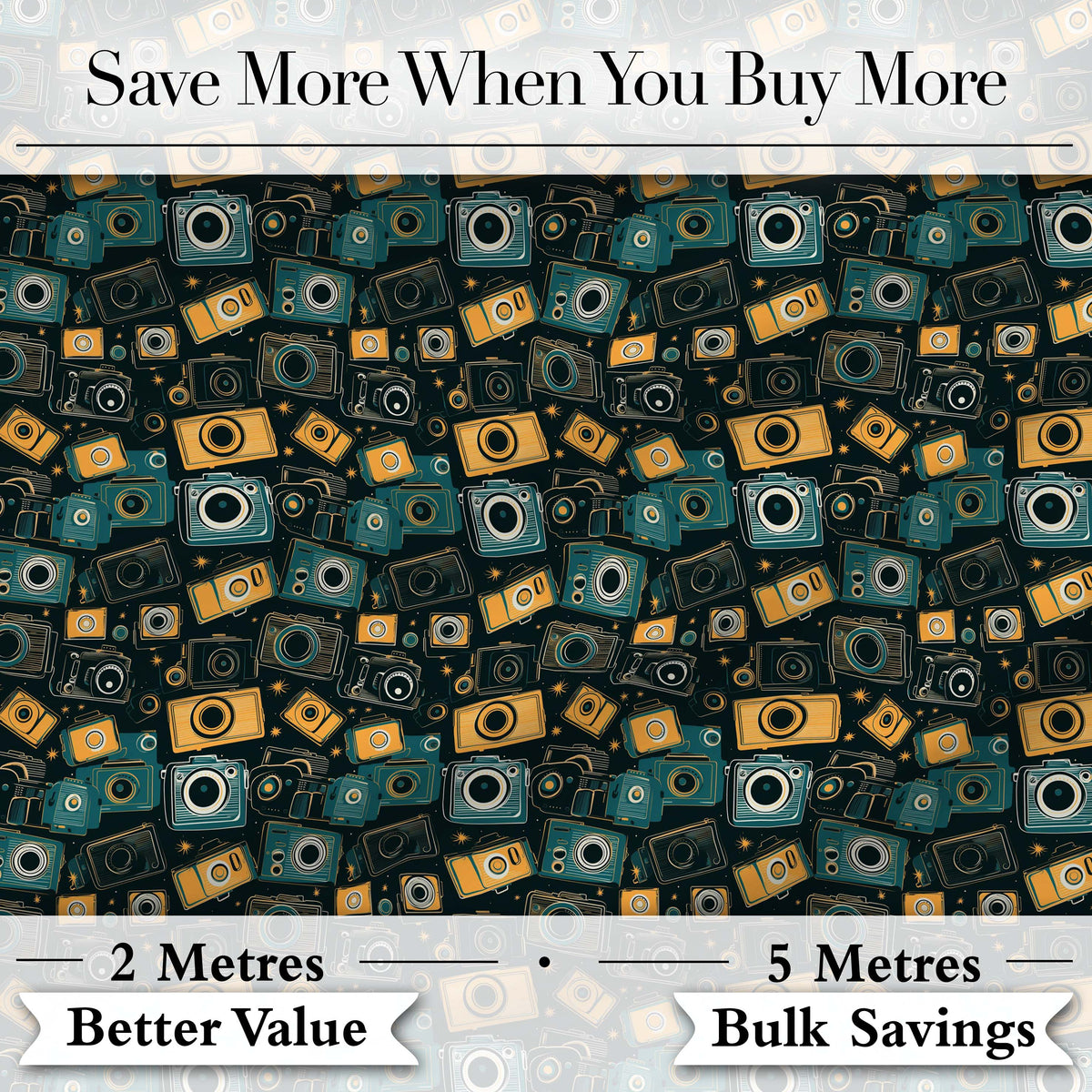 Retro Camera Night Sky Seamless Pattern with Stars Dark Background Digital Print Fabric by the Metre UK Sewing Quilting Textile