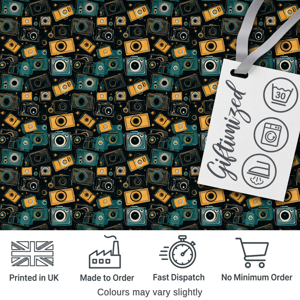 Retro Camera Night Sky Seamless Pattern with Stars Dark Background Digital Print Fabric by the Metre UK Sewing Quilting Textile