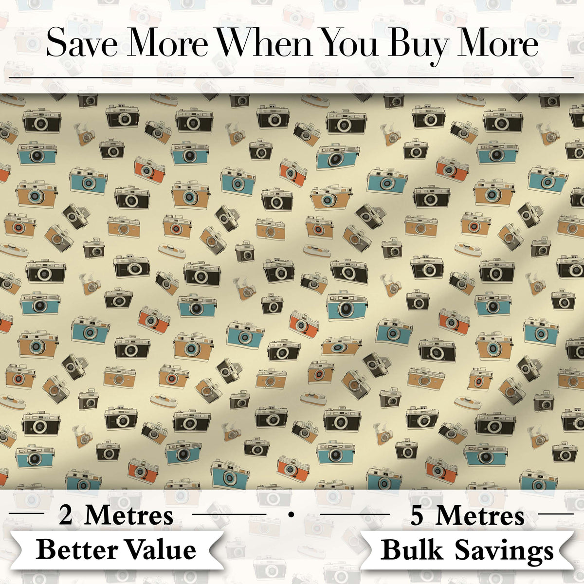 Retro Camera and Film Device Seamless Pattern with Classic Photography Theme Digital Print Fabric by the Metre UK Sewing Quilting Textile
