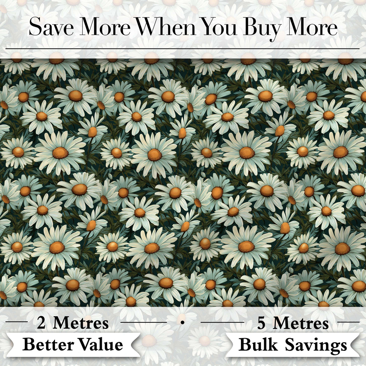 Vintage Daisy Floral Seamless Pattern with White Flowers and Green Leaves Digital Print Fabric by the Metre UK Sewing Quilting Textile