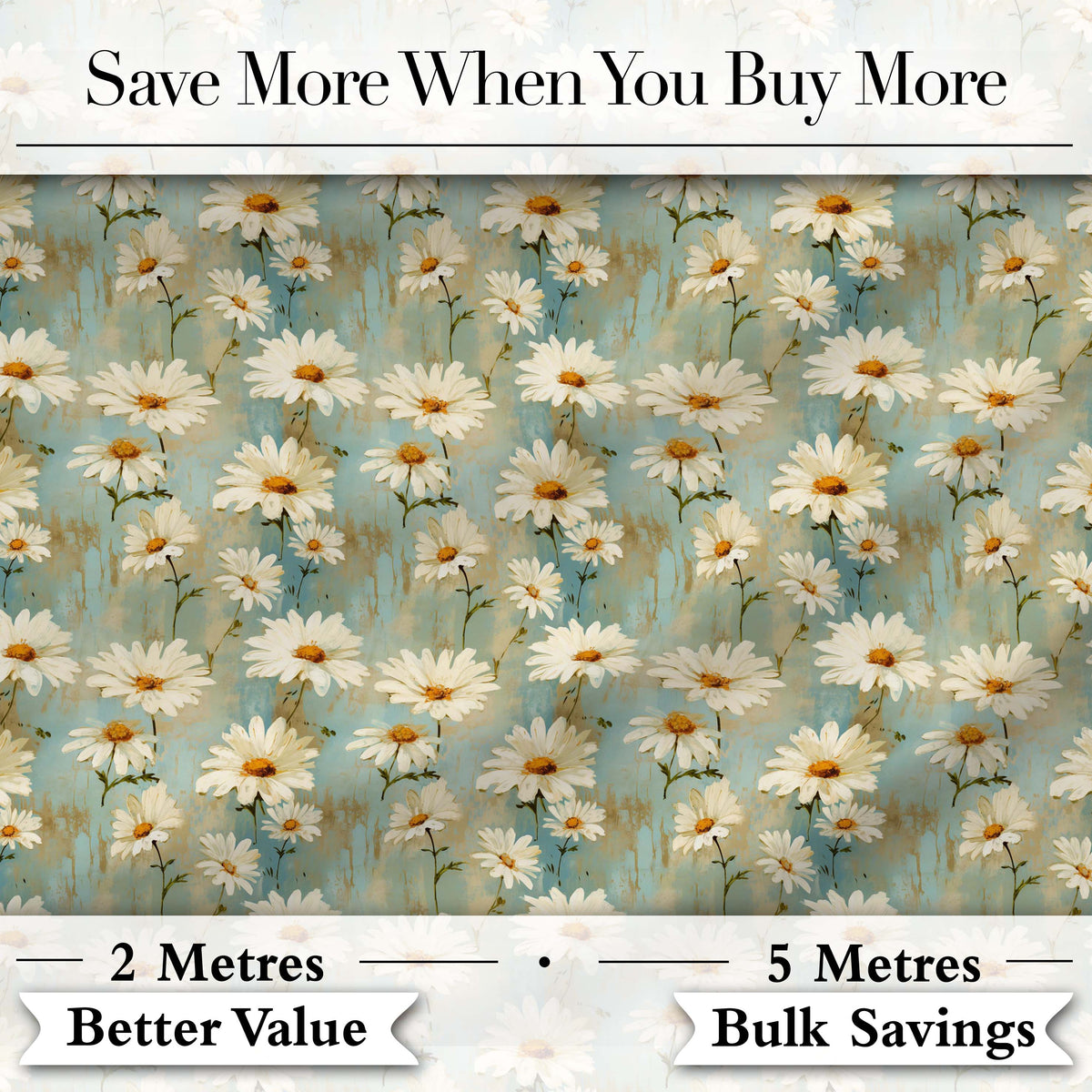 Delicate Wild Daisy Sprigs on Light Aqua Vintage Texture Digital Print Fabric by the Metre UK Sewing Quilting Textile