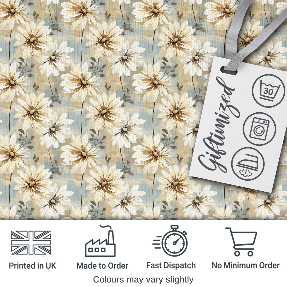 Neutral Daisy Bouquet Pattern on Soft Abstract Background Digital Print Fabric by the Metre UK Sewing Quilting Textile