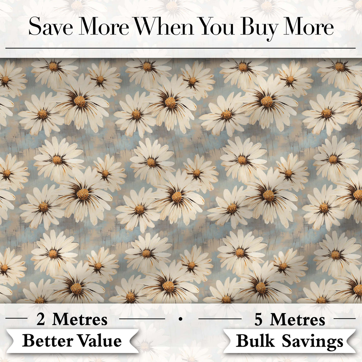 Fresh White Daisy Meadow on Sky Blue Background Digital Print Fabric by the Metre UK Sewing Quilting Textile