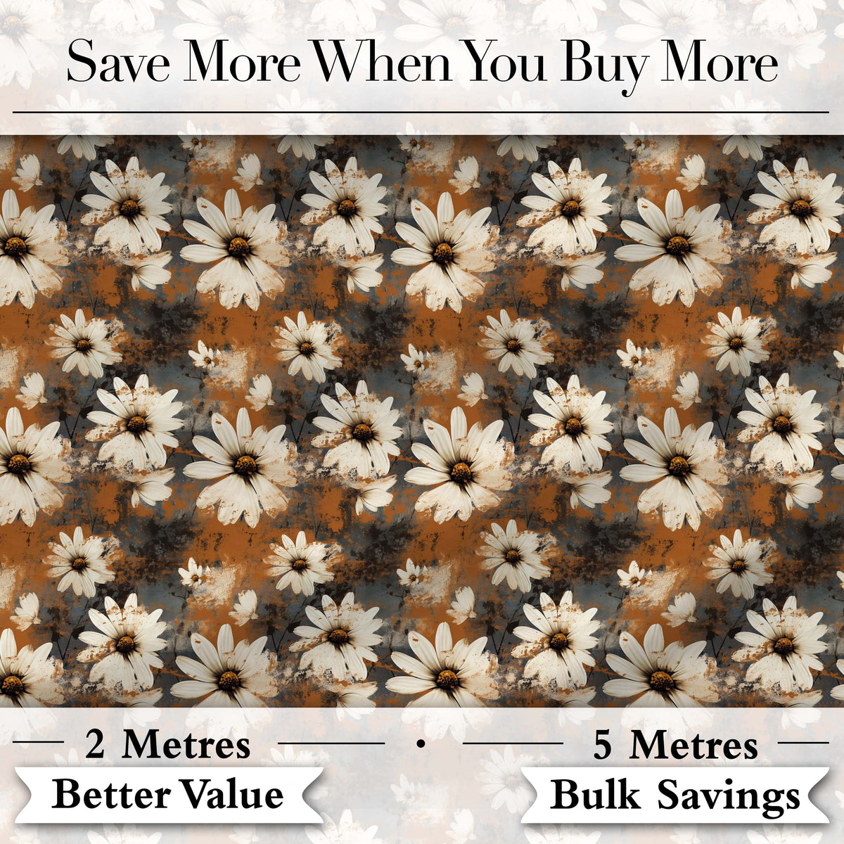 Vintage Daisy Sprigs on Light Blue Weathered Background Digital Print Fabric by the Metre UK Sewing Quilting Textile