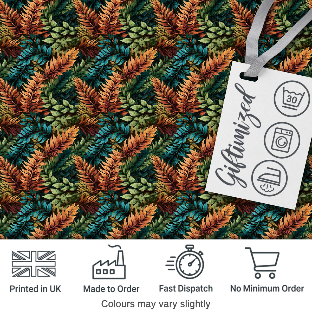 Vibrant Tropical Leaf Pattern in Deep Green and Warm Orange Digital Print Fabric by the Metre UK Sewing Quilting Textile