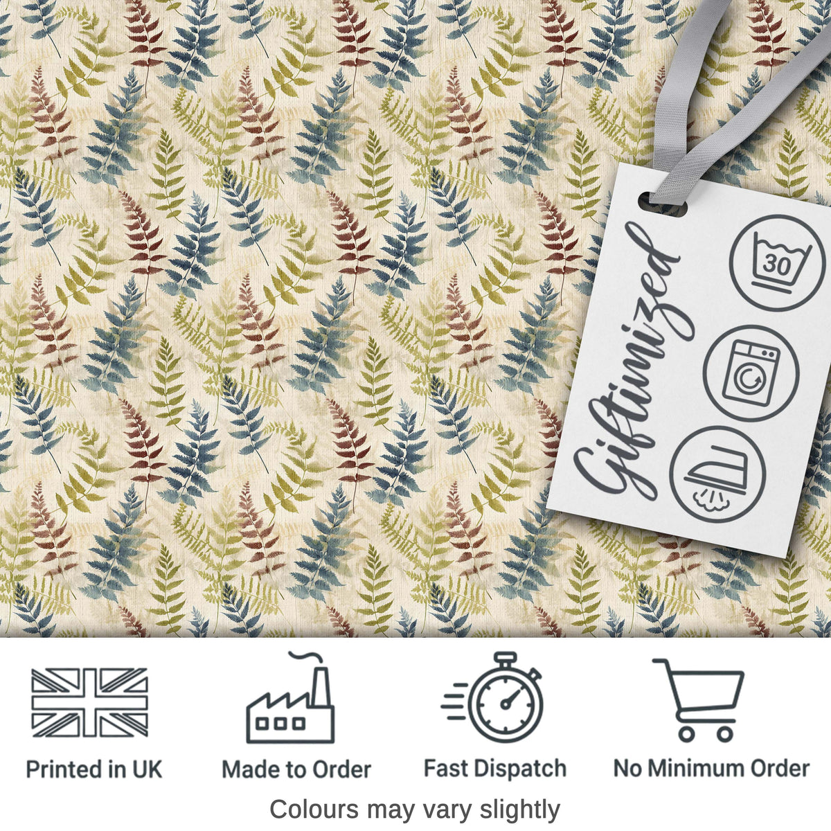 Muted Multicolour Fern Leaves Watercolor Botanical Pattern Digital Print Fabric by the Metre UK Sewing Quilting Textile