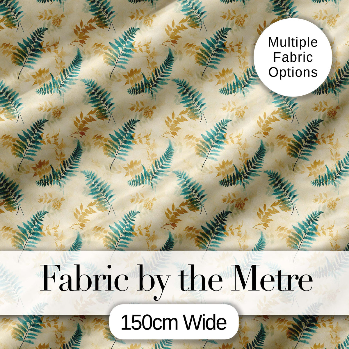 Teal and Mustard Fern Botanical Watercolor Seamless Pattern Digital Print Fabric by the Metre UK Sewing Quilting Textile