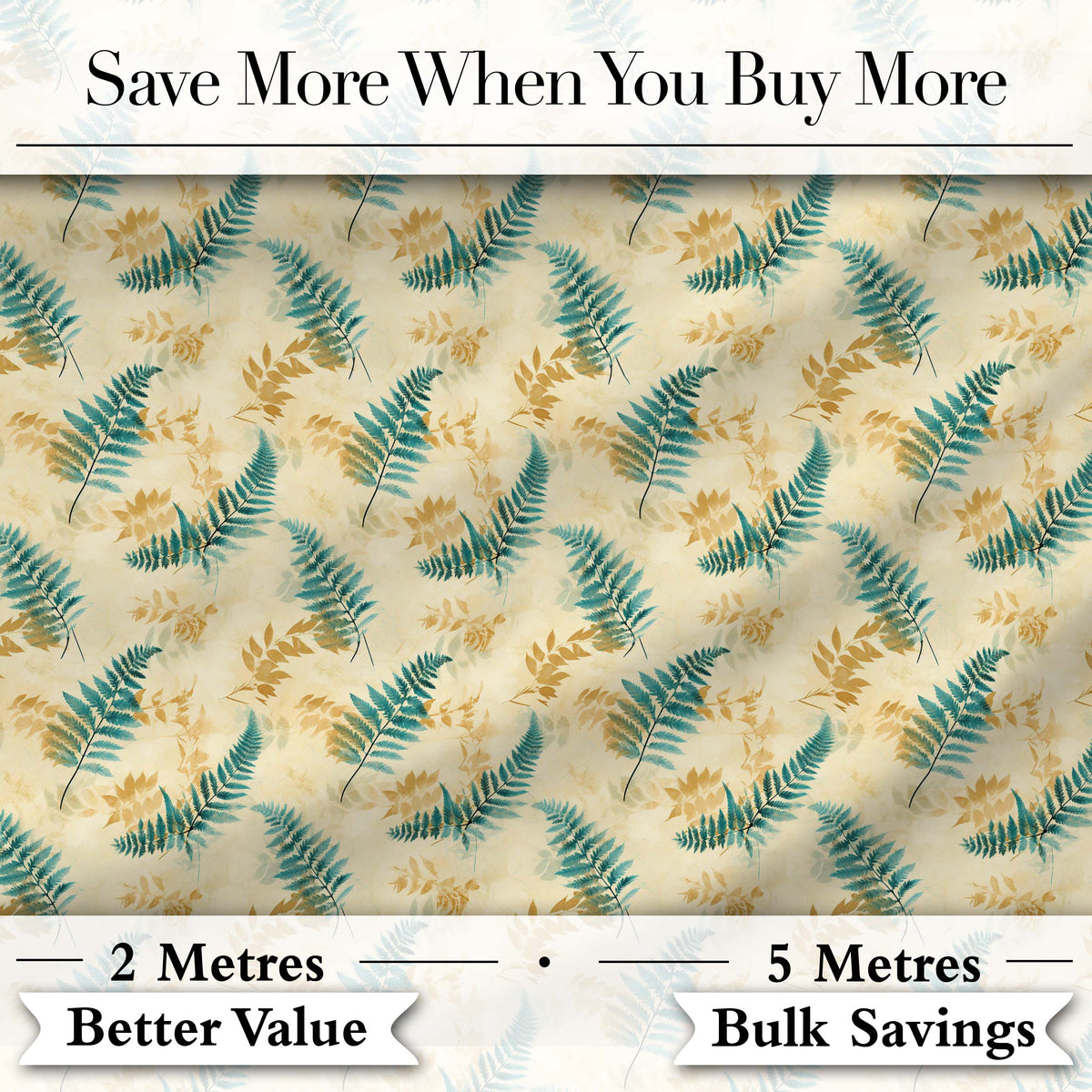 Teal and Mustard Fern Botanical Watercolor Seamless Pattern Digital Print Fabric by the Metre UK Sewing Quilting Textile