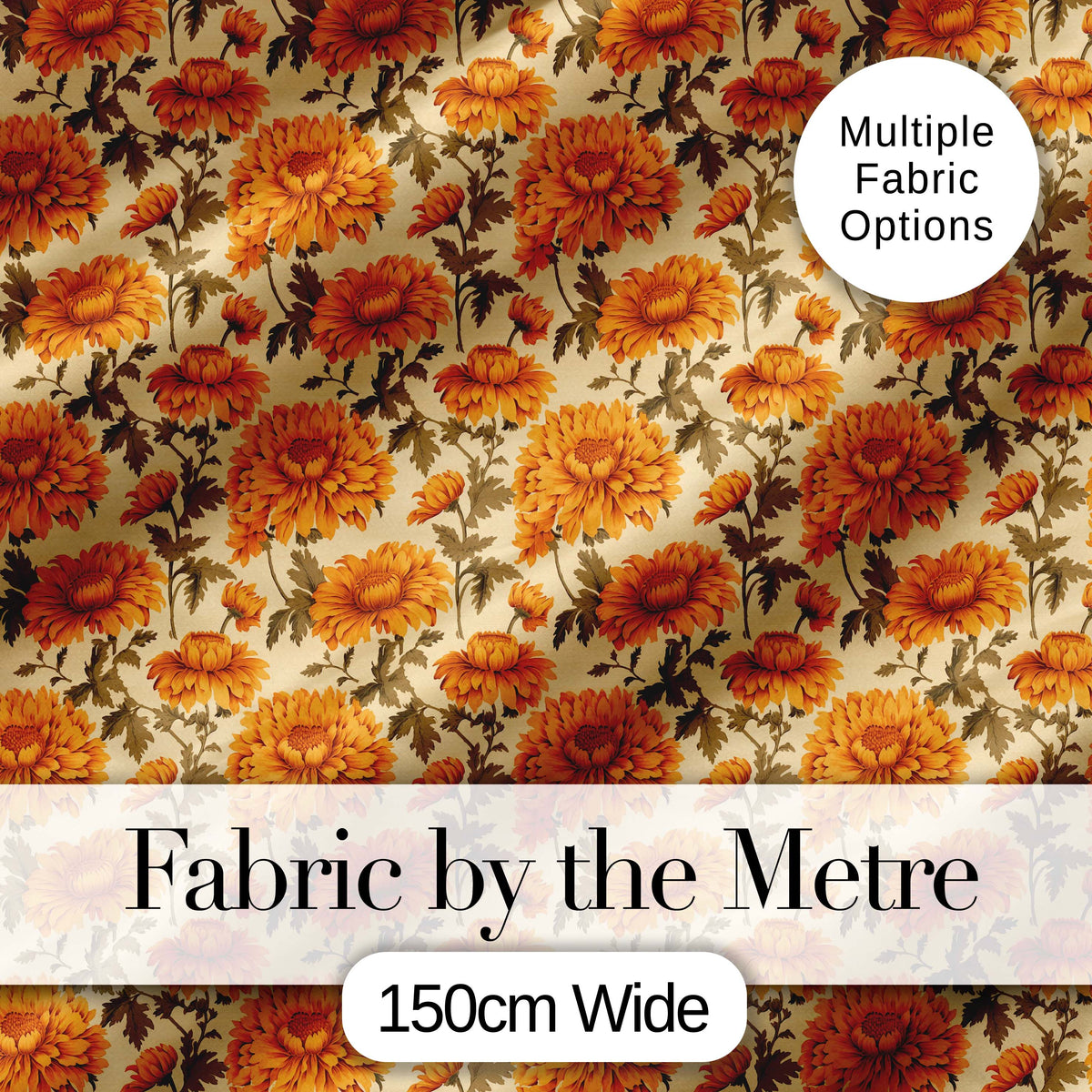 Classic Orange Chrysanthemum Floral Seamless Pattern on Beige Background Digital Print Fabric by the Metre UK Sewing Quilting Textile