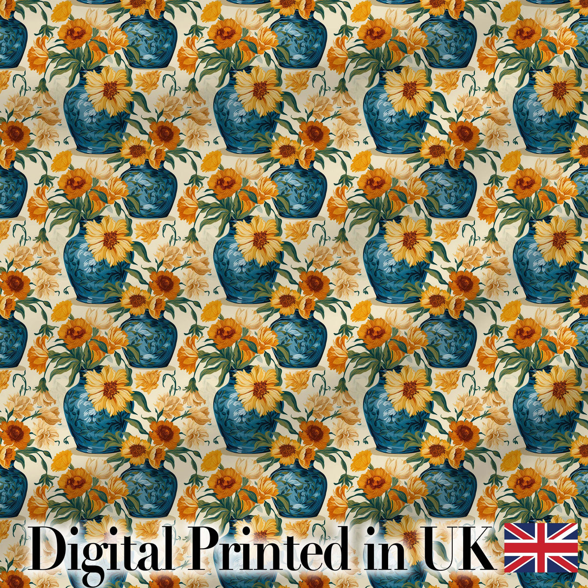 Blue Vase with Orange Flowers Seamless Pattern Artistic Floral Decor Digital Print Fabric by the Metre UK Sewing Quilting Textile