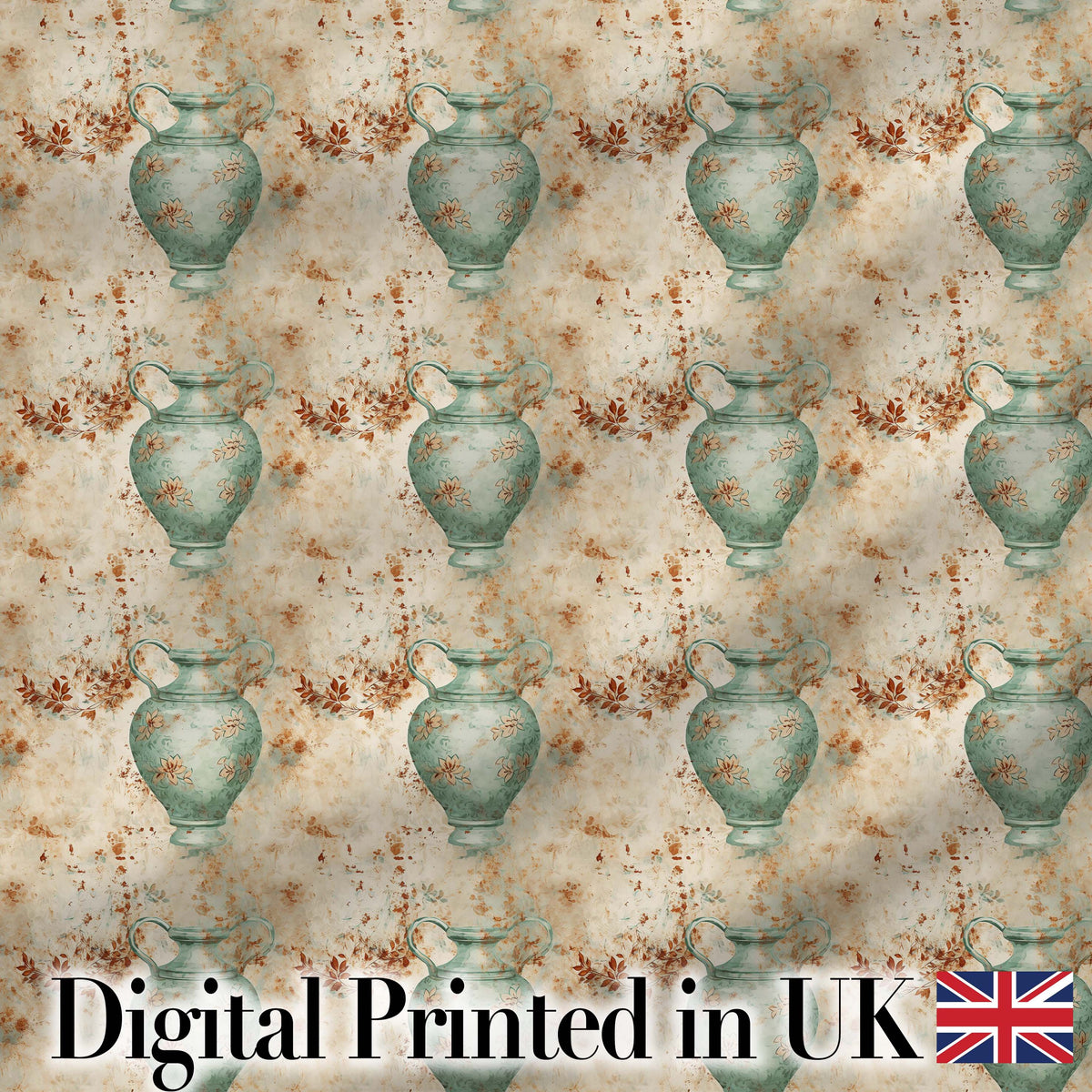 Distressed Green Vase Seamless Pattern Vintage Floral Rustic Texture Digital Print Fabric by the Metre UK Sewing Quilting Textile
