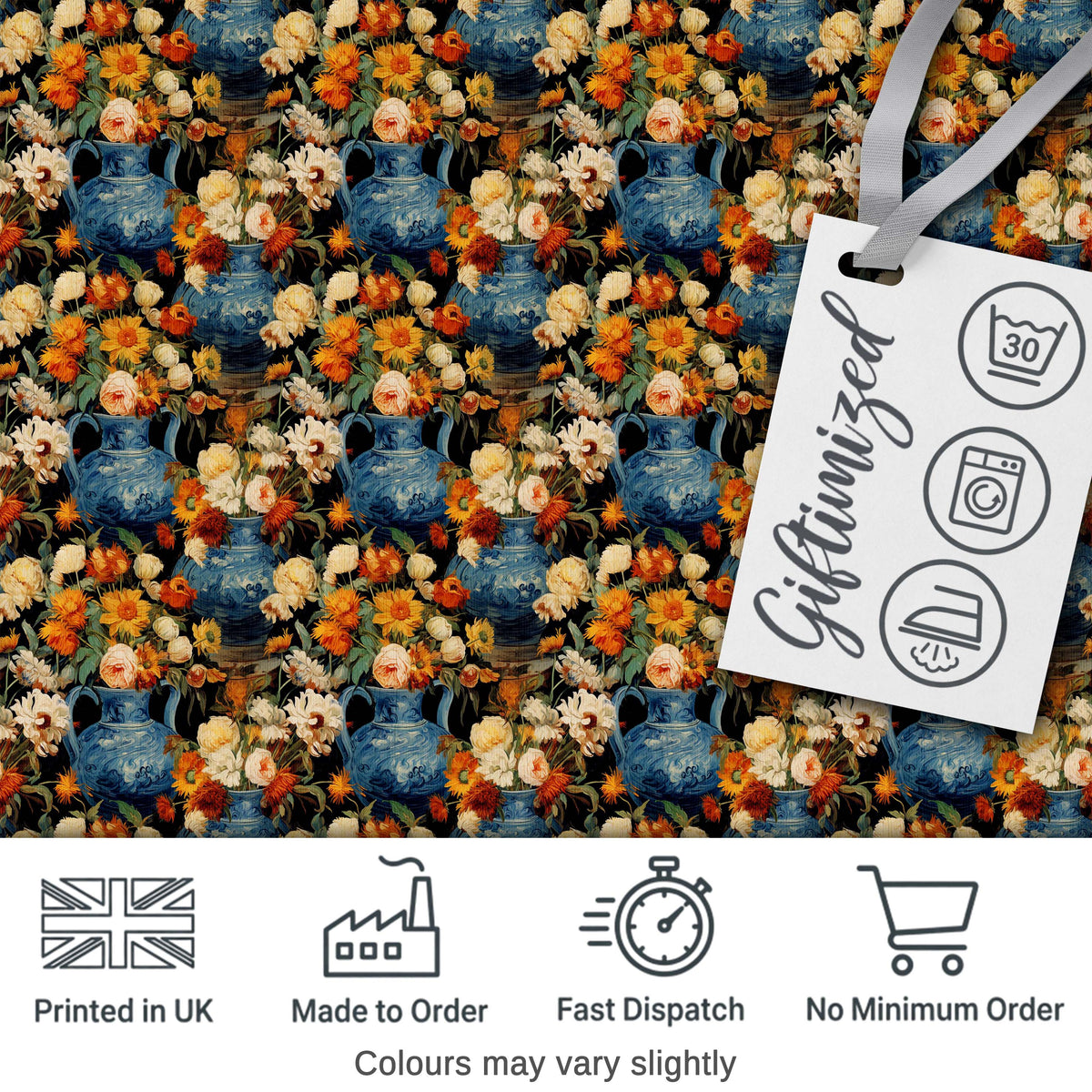 Dark Blue Vase Floral Arrangement Seamless Pattern Rich Botanical Art Digital Print Fabric by the Metre UK Sewing Quilting Textile