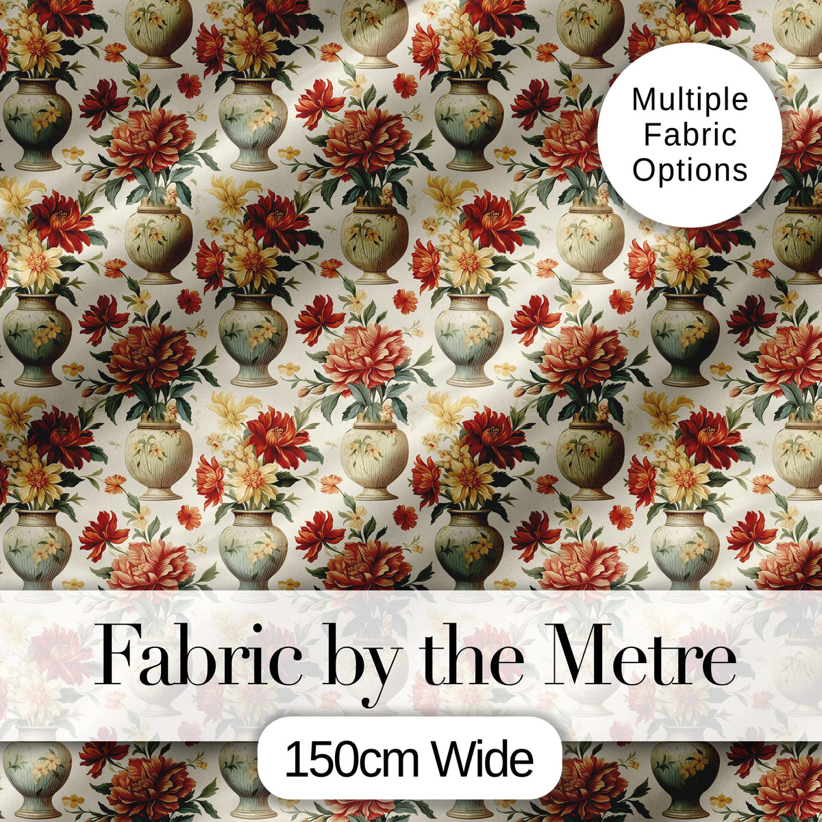 Classic Floral Bouquet in Decorative Vases with Warm Autumn Tones Digital Print Fabric by the Metre UK Sewing Quilting Textile
