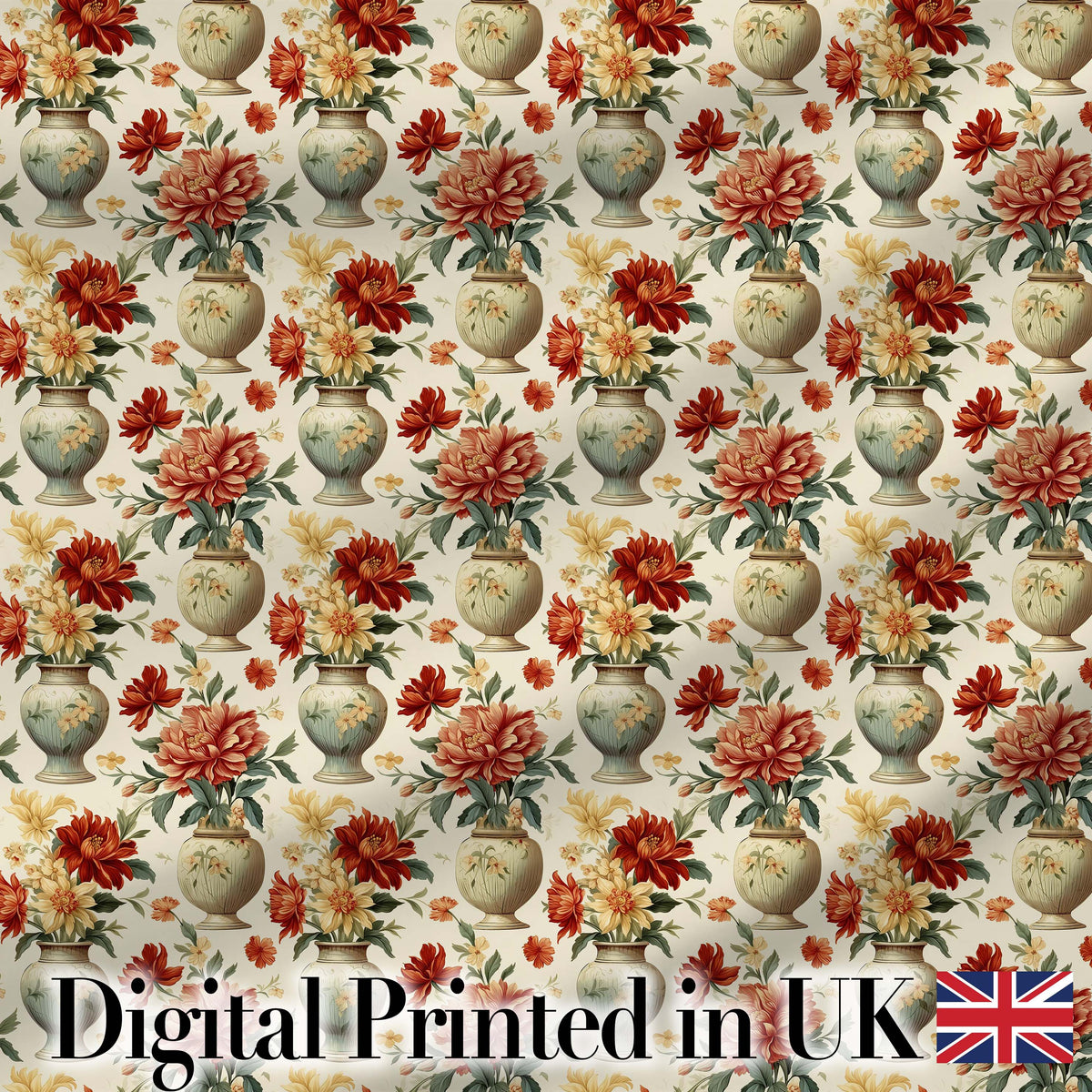 Classic Floral Bouquet in Decorative Vases with Warm Autumn Tones Digital Print Fabric by the Metre UK Sewing Quilting Textile