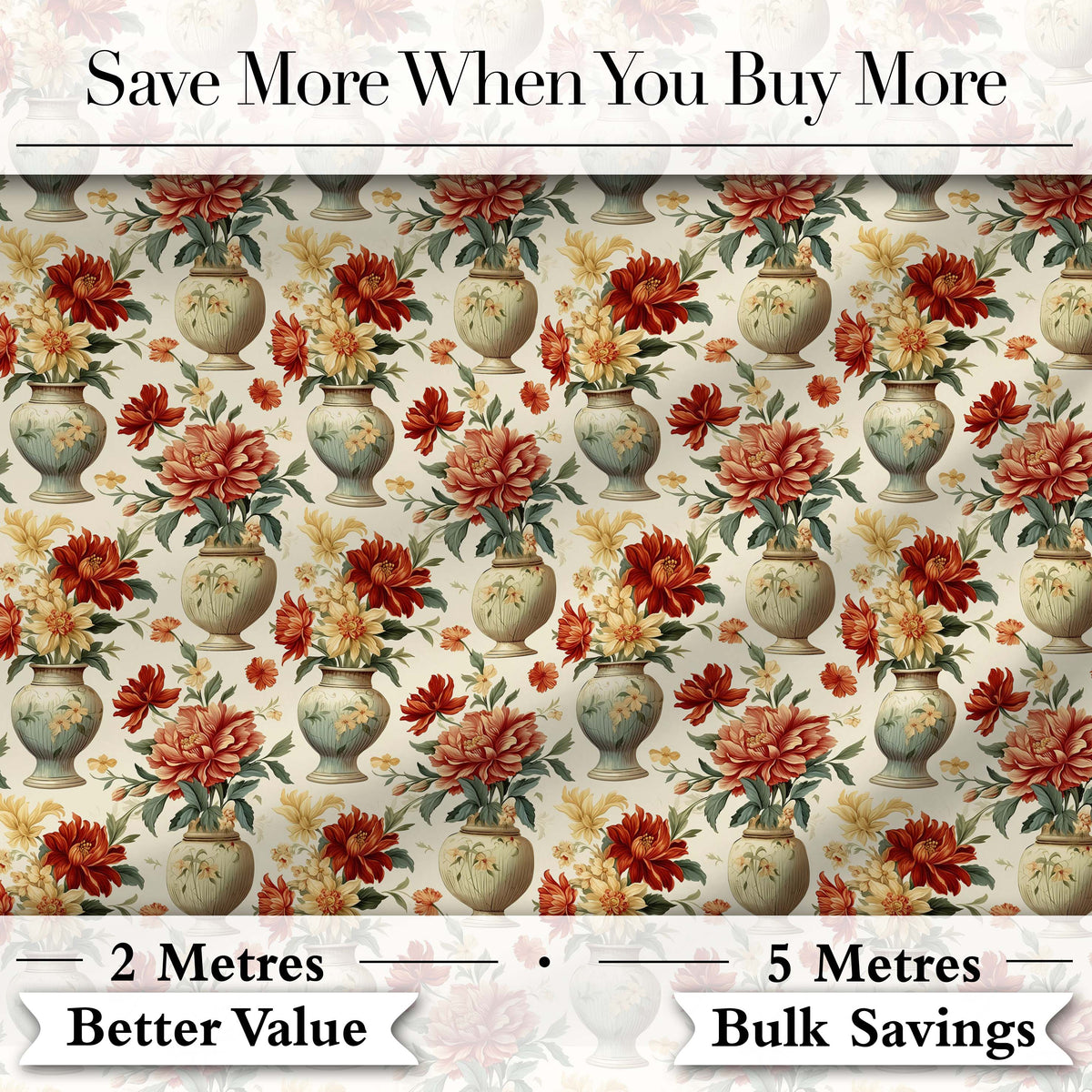 Classic Floral Bouquet in Decorative Vases with Warm Autumn Tones Digital Print Fabric by the Metre UK Sewing Quilting Textile