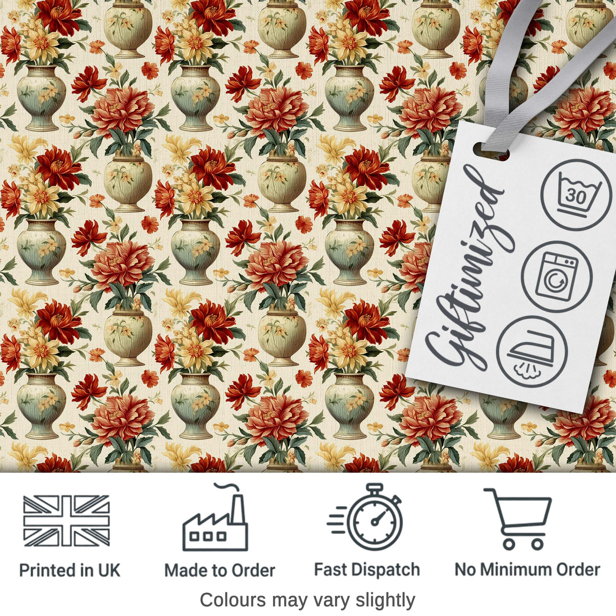 Classic Floral Bouquet in Decorative Vases with Warm Autumn Tones Digital Print Fabric by the Metre UK Sewing Quilting Textile