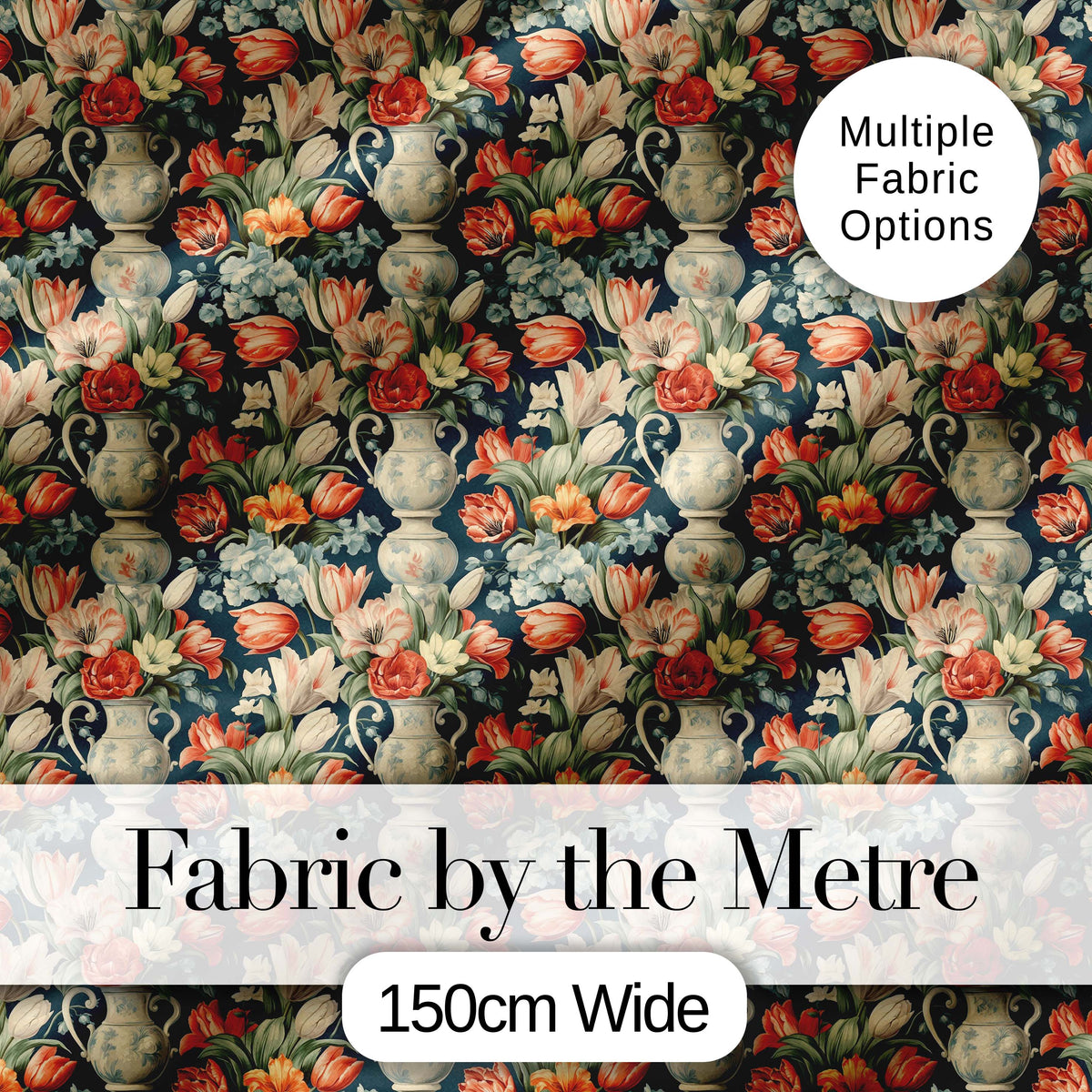 Rich Floral Arrangement with Tulips in Ornate Vase on Dark Background Digital Print Fabric by the Metre UK Sewing Quilting Textile