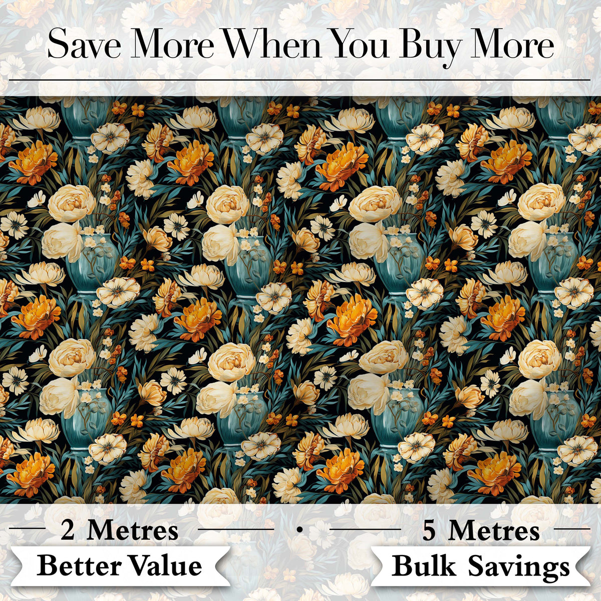 Lush Peony and Blossom Floral Pattern in Teal Vase on Dark Background Digital Print Fabric by the Metre UK Sewing Quilting Textile