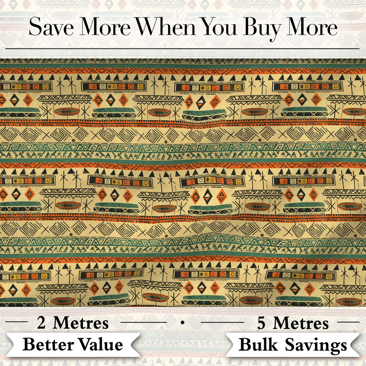Geometric Tribal Stripe with Ethnic Shapes in Earthy Orange and Green Tones Digital Print Fabric by the Metre UK Sewing Quilting Textile