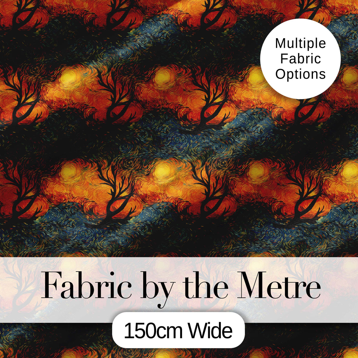 Artistic Swirl Landscape with Trees and Sun in Rich Textured Brush Style Digital Print Fabric by the Metre UK Sewing Quilting Textile