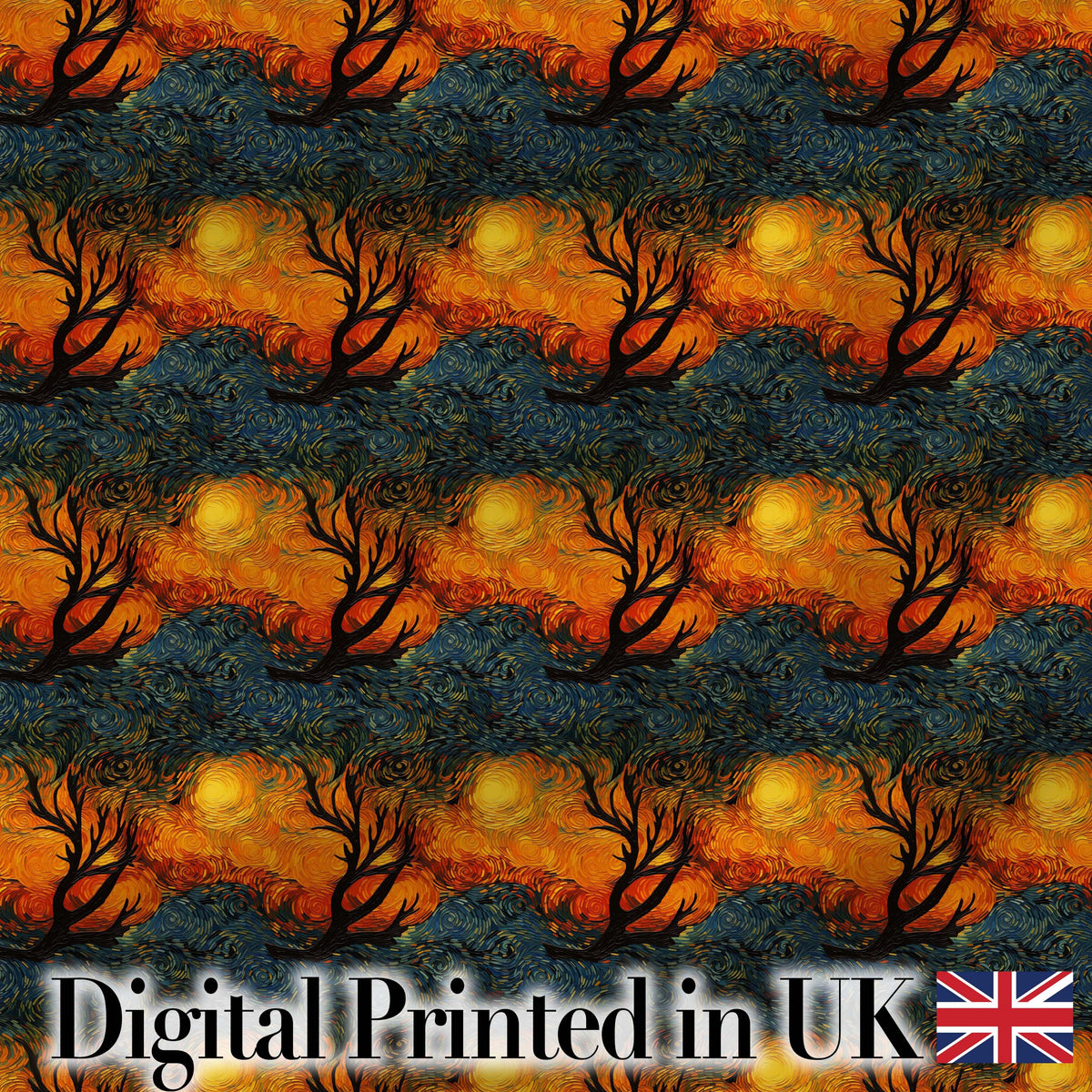 Artistic Swirl Landscape with Trees and Sun in Rich Textured Brush Style Digital Print Fabric by the Metre UK Sewing Quilting Textile