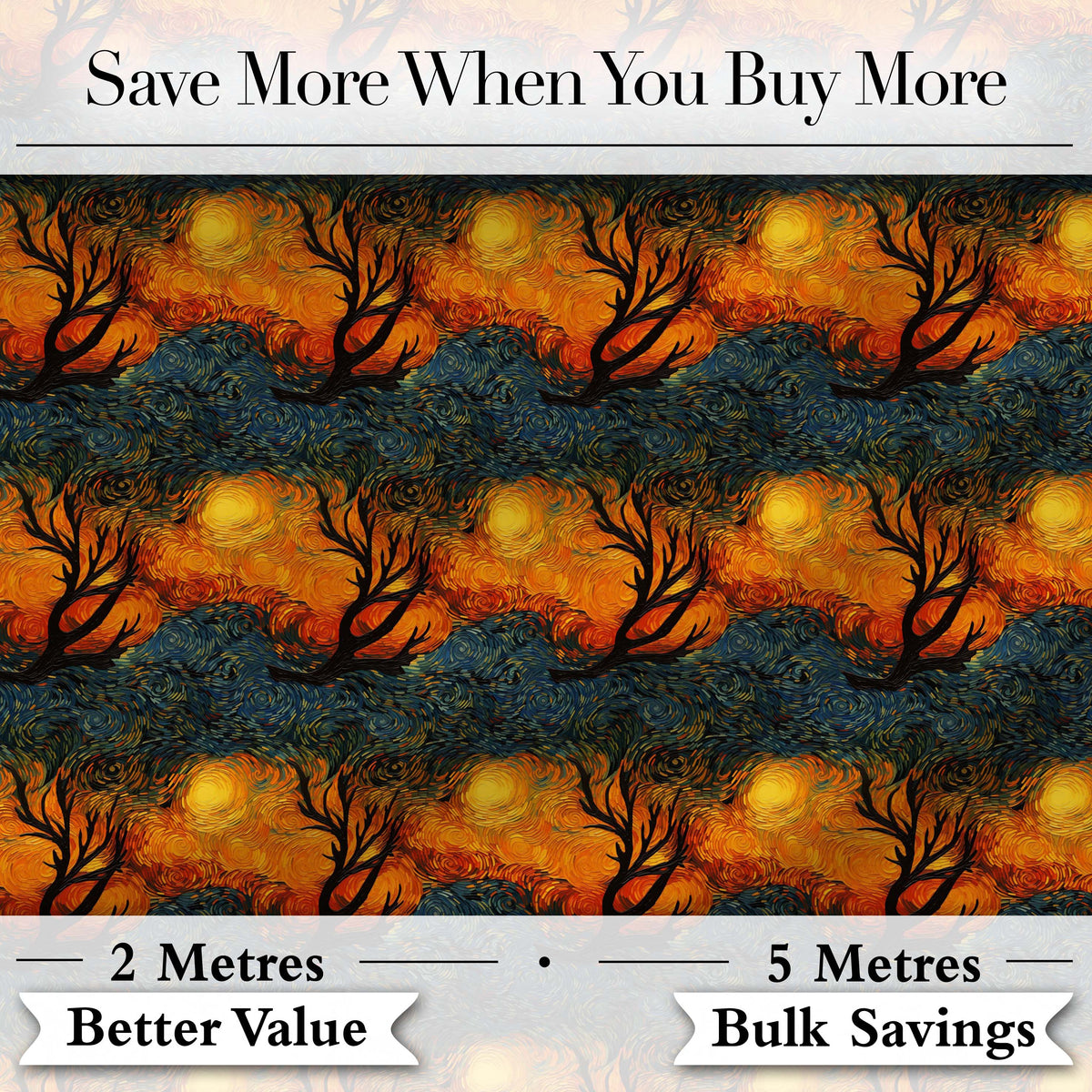 Artistic Swirl Landscape with Trees and Sun in Rich Textured Brush Style Digital Print Fabric by the Metre UK Sewing Quilting Textile