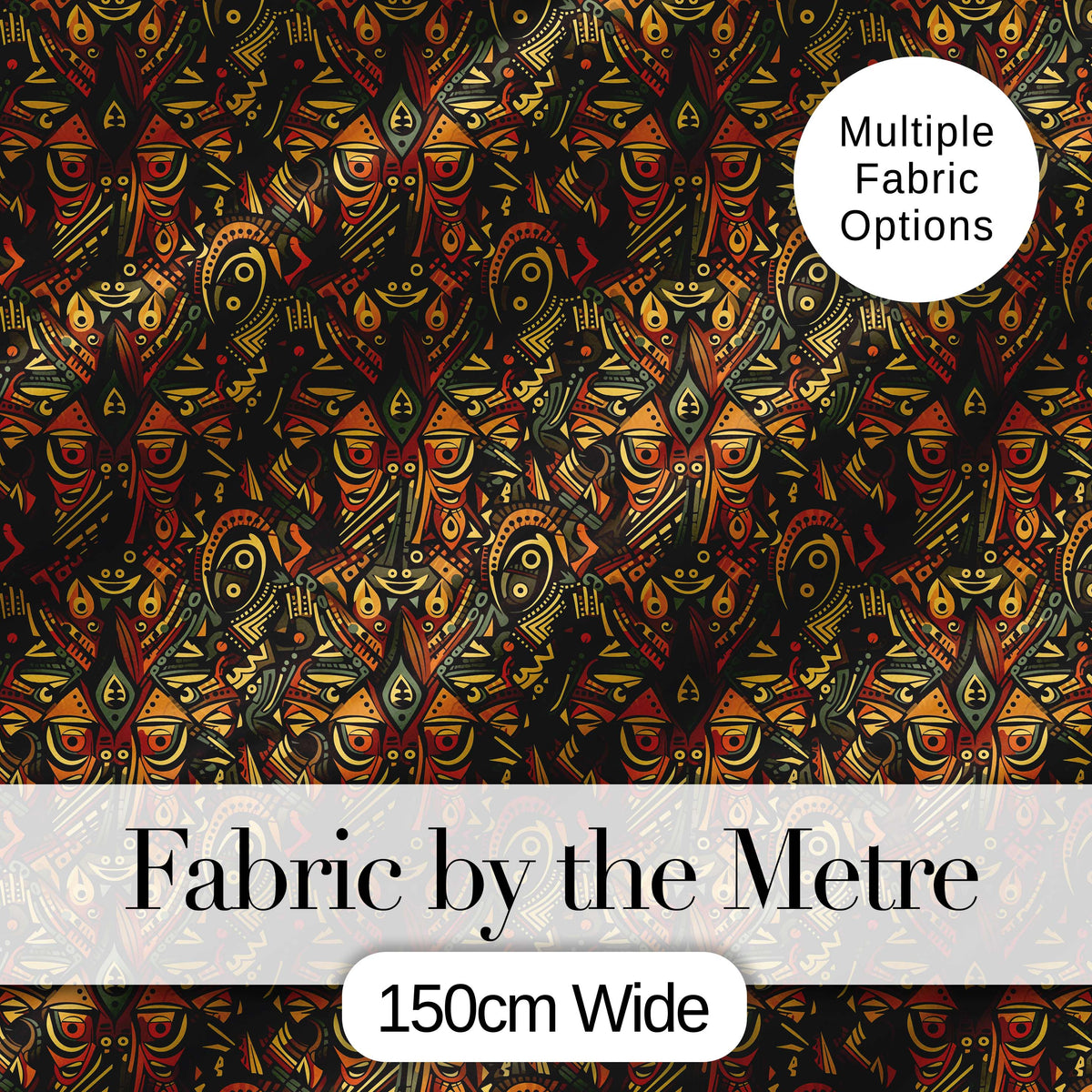 Intricate Tribal Mask and Symbol in Deep Earthy Tones on Dark Background Digital Print Fabric by the Metre UK Sewing Quilting Textile