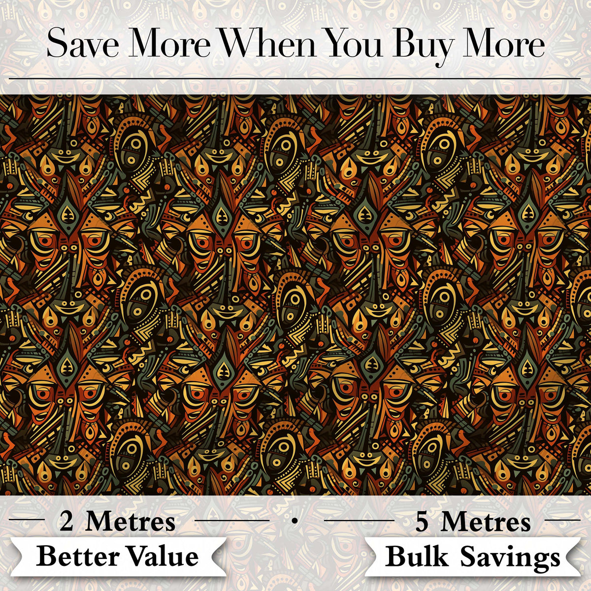 Intricate Tribal Mask and Symbol in Deep Earthy Tones on Dark Background Digital Print Fabric by the Metre UK Sewing Quilting Textile