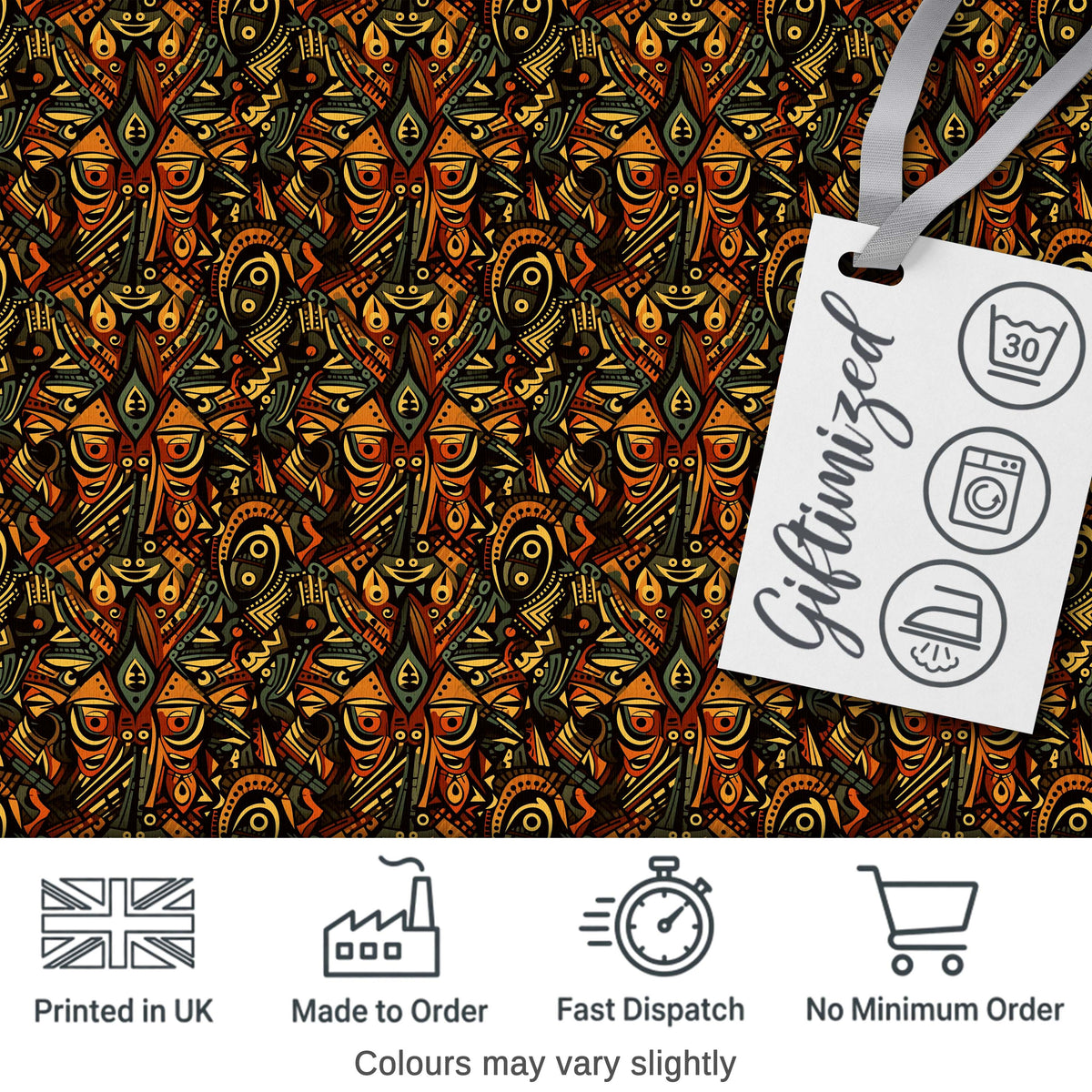 Intricate Tribal Mask and Symbol in Deep Earthy Tones on Dark Background Digital Print Fabric by the Metre UK Sewing Quilting Textile