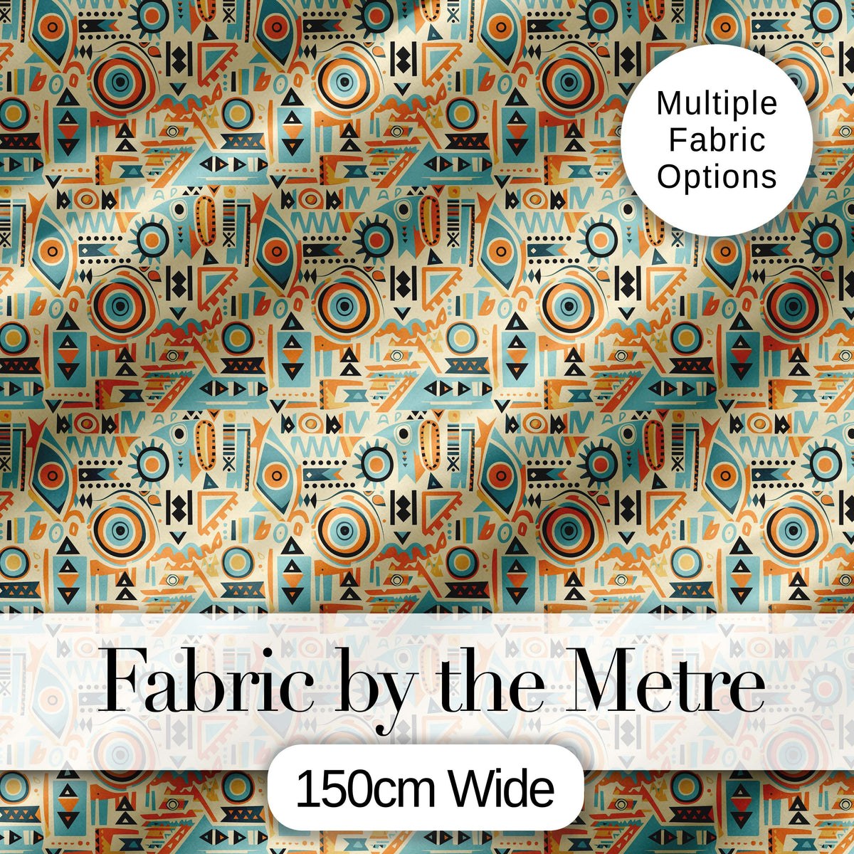 Geometric Pattern with Circles and Shapes in Teal Orange and Cream Digital Print Fabric by the Metre UK Sewing Quilting Textile