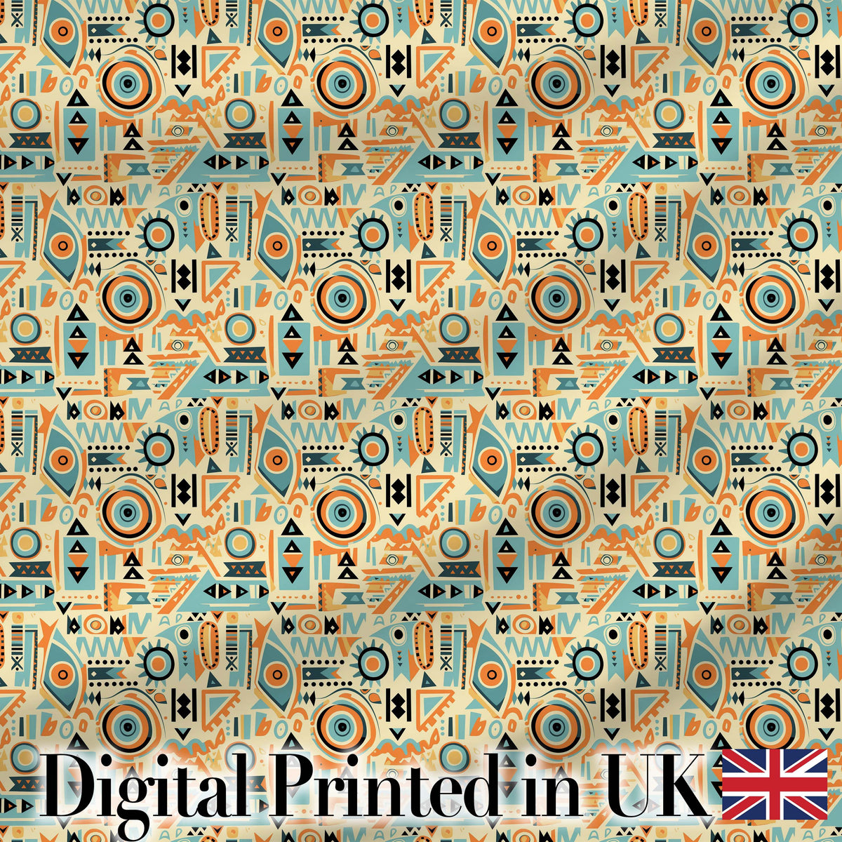 Geometric Pattern with Circles and Shapes in Teal Orange and Cream Digital Print Fabric by the Metre UK Sewing Quilting Textile