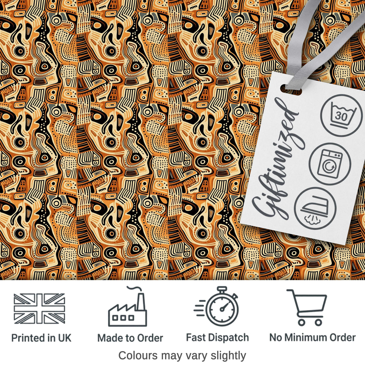 Abstract Tribal Line Art Pattern with Organic Shapes in Earthy Orange and Beige Digital Print Fabric by the Metre UK Sewing Quilting Textile
