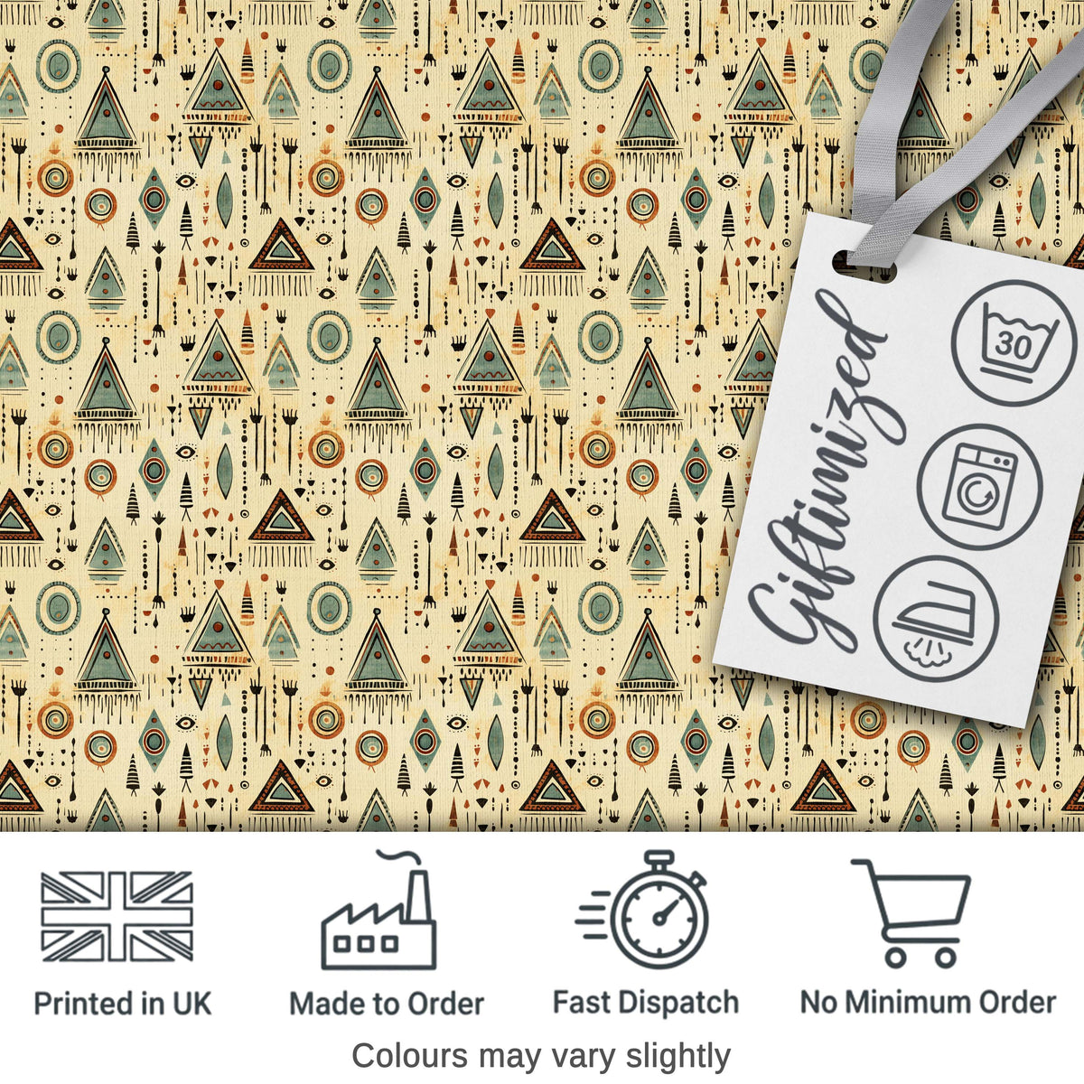 Tribal Geometric Pattern with Arrows Circles and Symbols in Soft Earthy Colours Digital Print Fabric by the Metre UK Sewing Quilting Textile