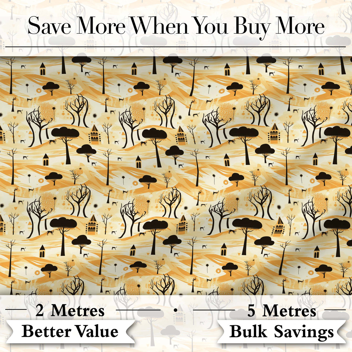 Minimalist African Savanna Pattern with Trees Wildlife and Village Silhouettes Digital Print Fabric by the Metre UK Sewing Quilting Textile