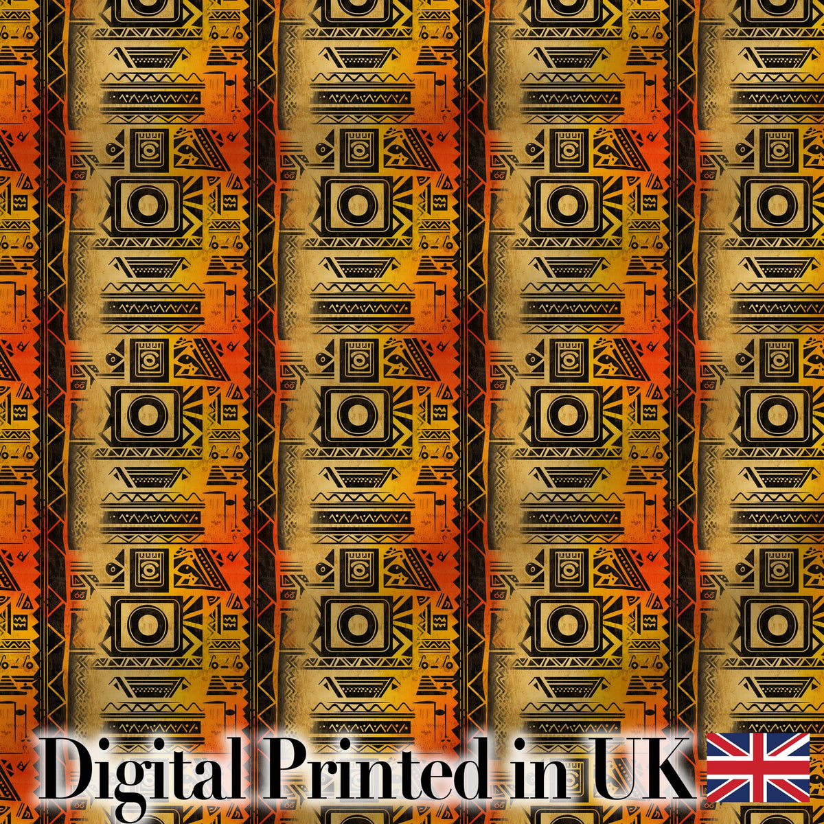 Bold Tribal Panel Pattern with Geometric Blocks in Black Orange and Yellow Digital Print Fabric by the Metre UK Sewing Quilting Textile