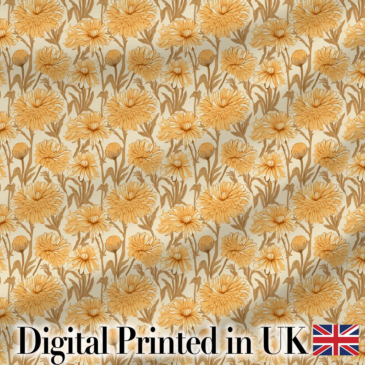 Dense Golden Chrysanthemum Floral Pattern with Dark Foliage Background Digital Print Fabric by the Metre UK Sewing Quilting Textile