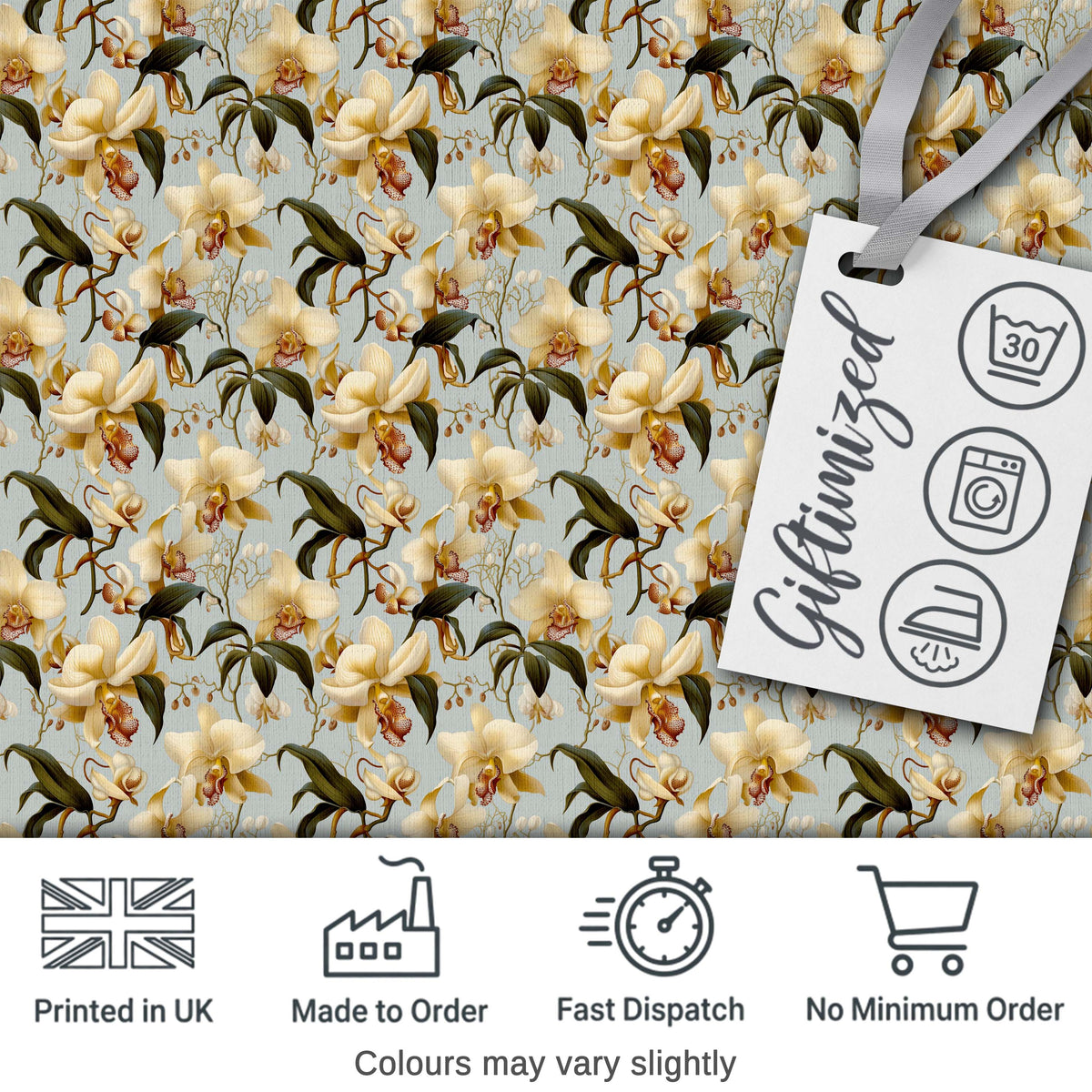 Classic Ivory Orchid Floral with Detailed Leaves Muted Blue Background Digital Print Fabric by the Metre UK Sewing Quilting Textile