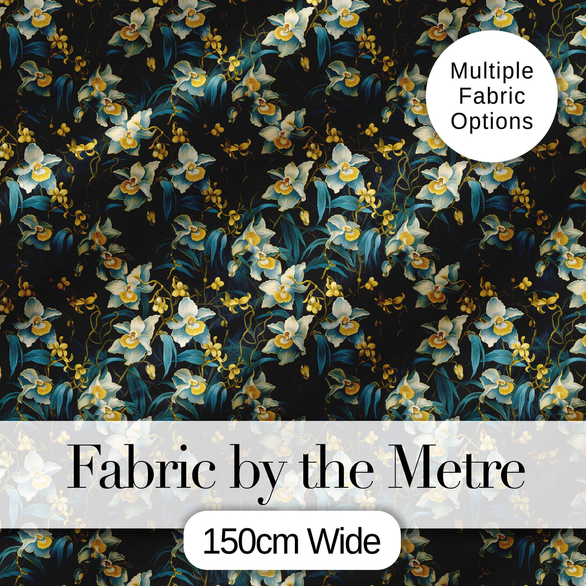 Dark Botanical Orchid Floral with Blue and Gold Tones Black Background Digital Print Fabric by the Metre UK Sewing Quilting Textile