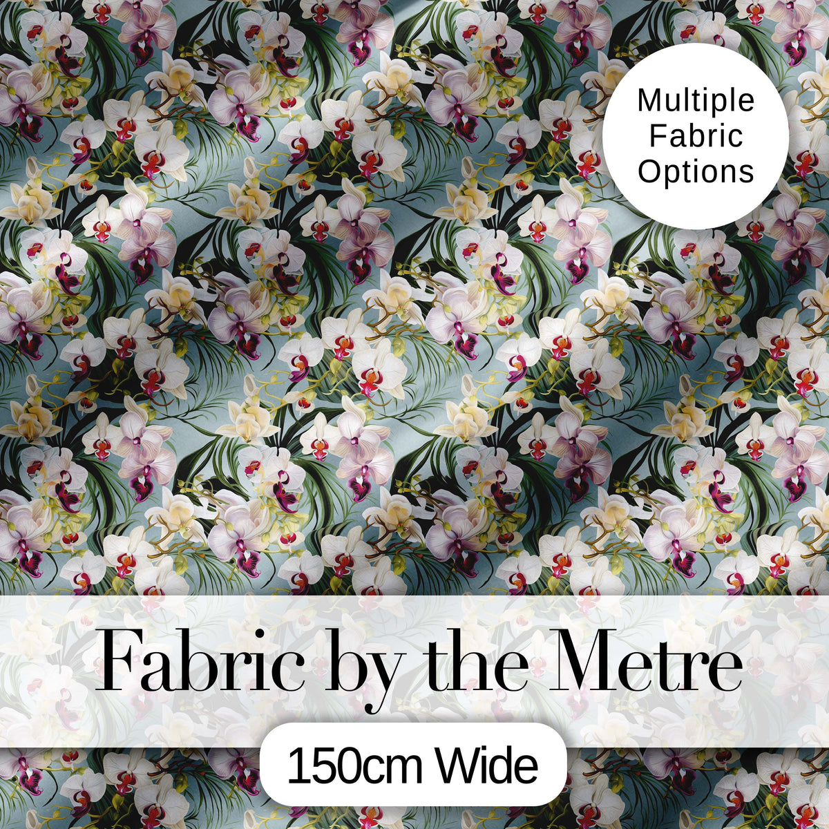 Tropical Orchid Floral with Cream and Pink Blooms Soft Blue Background Digital Print Fabric by the Metre UK Sewing Quilting Textile