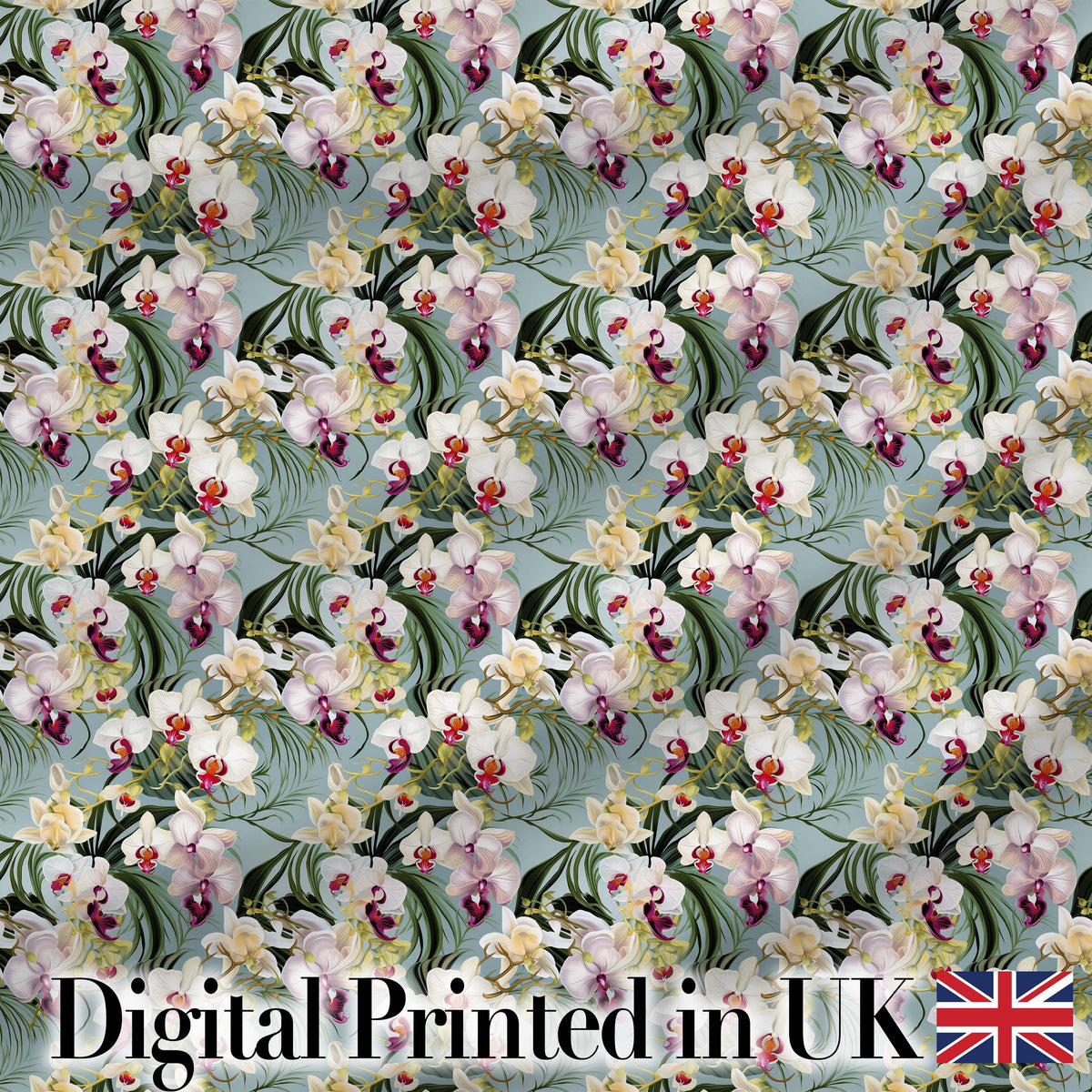 Tropical Orchid Floral with Cream and Pink Blooms Soft Blue Background Digital Print Fabric by the Metre UK Sewing Quilting Textile