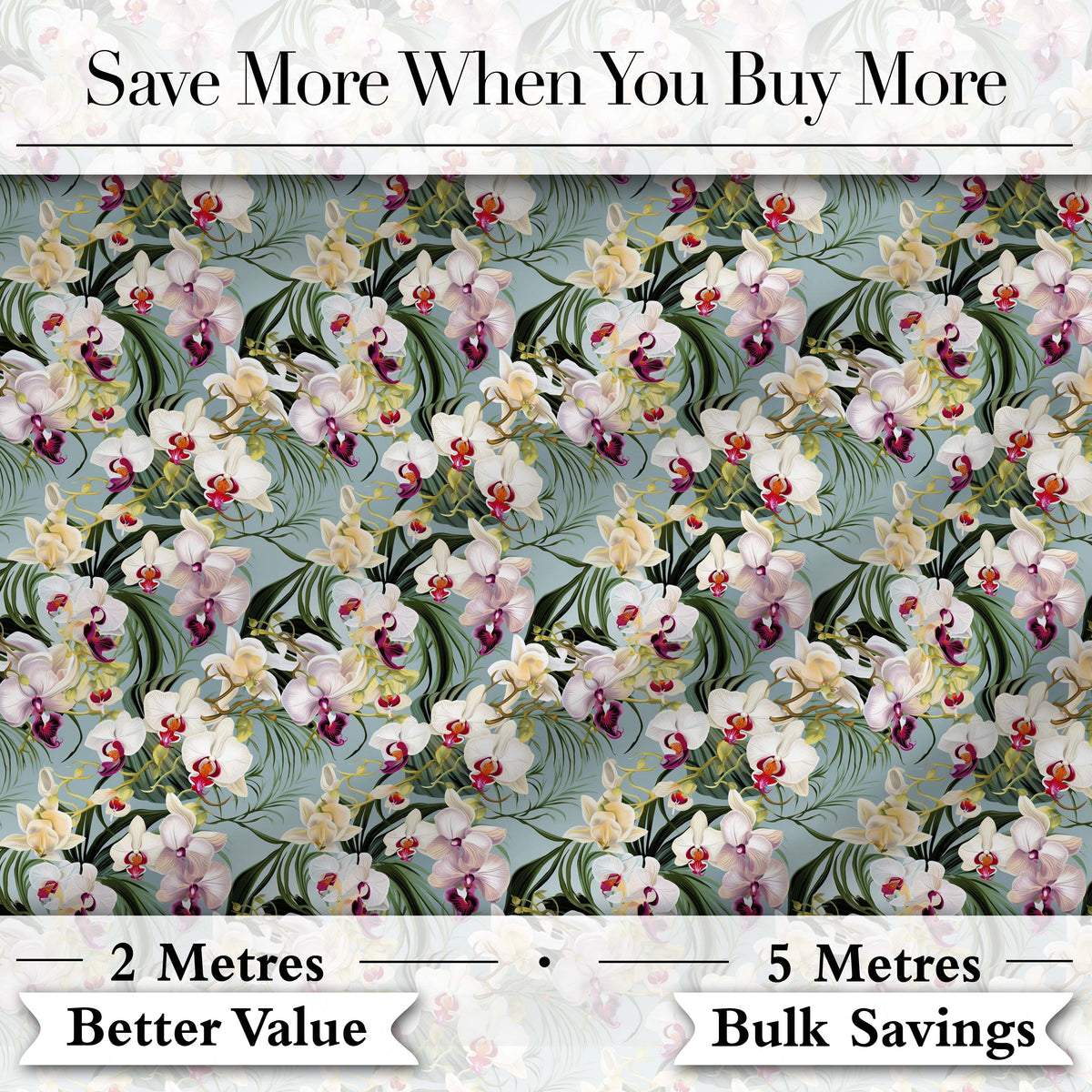 Tropical Orchid Floral with Cream and Pink Blooms Soft Blue Background Digital Print Fabric by the Metre UK Sewing Quilting Textile