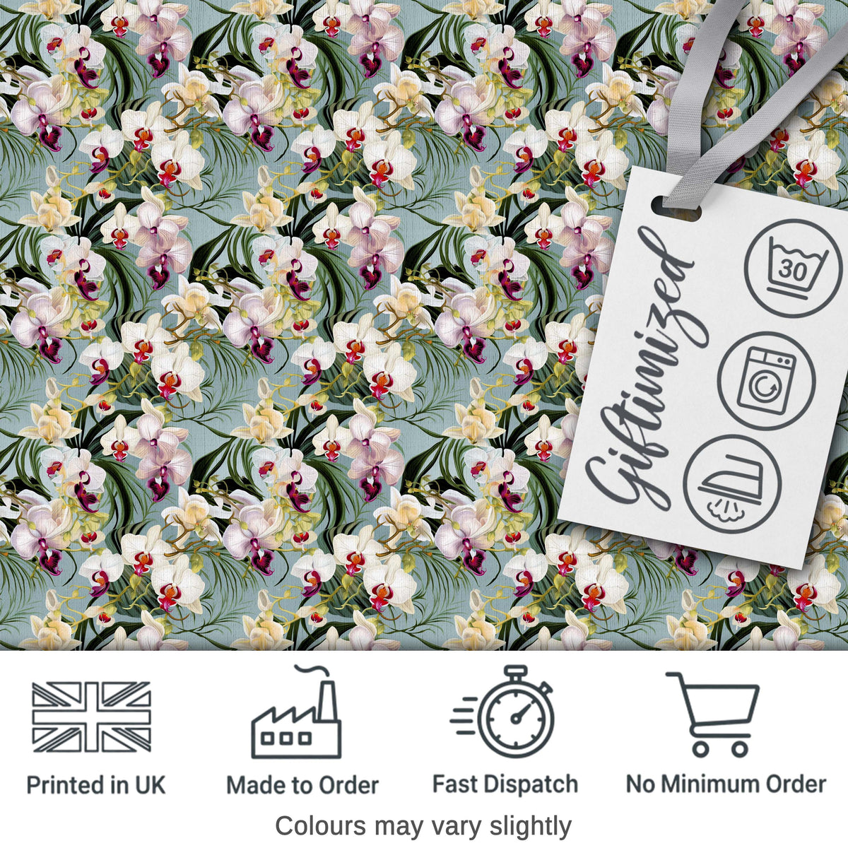 Tropical Orchid Floral with Cream and Pink Blooms Soft Blue Background Digital Print Fabric by the Metre UK Sewing Quilting Textile